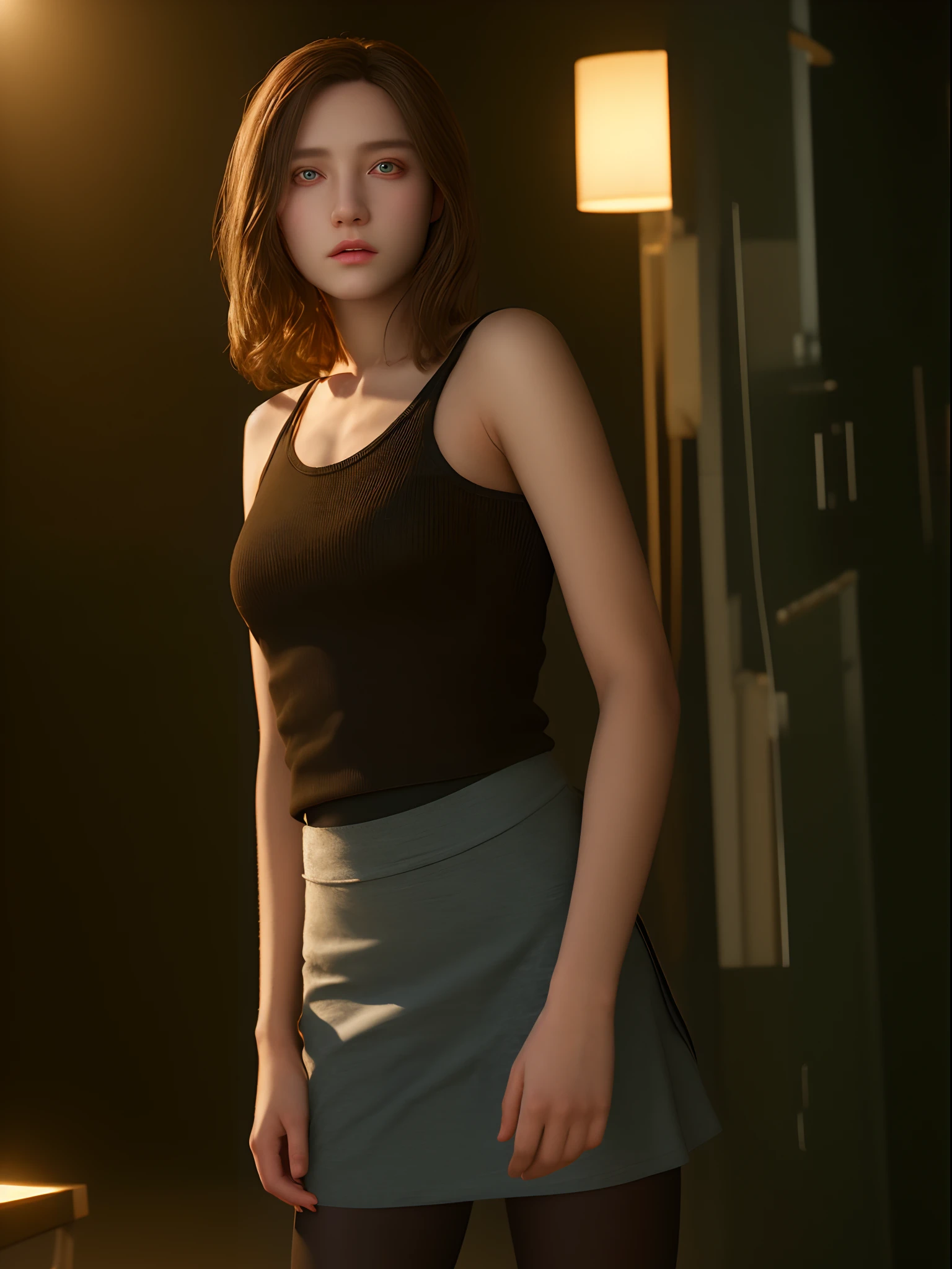 13 year old girl, spaghetti strap tank top, skirt and dark tights, photo-realistic, cinematic scene, hyperrealistic, ray tracing, HDR, best quality, High resolution, 8K