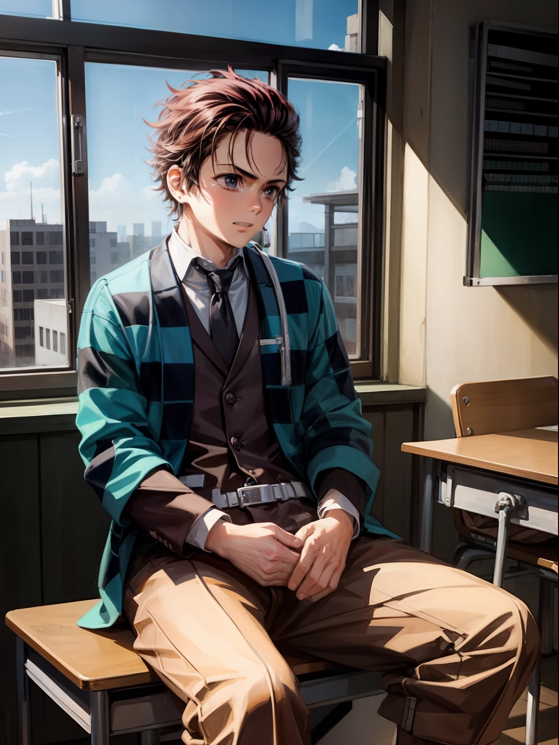 Sitting in a classroom, a lonely boy, wearing a boy's high school school