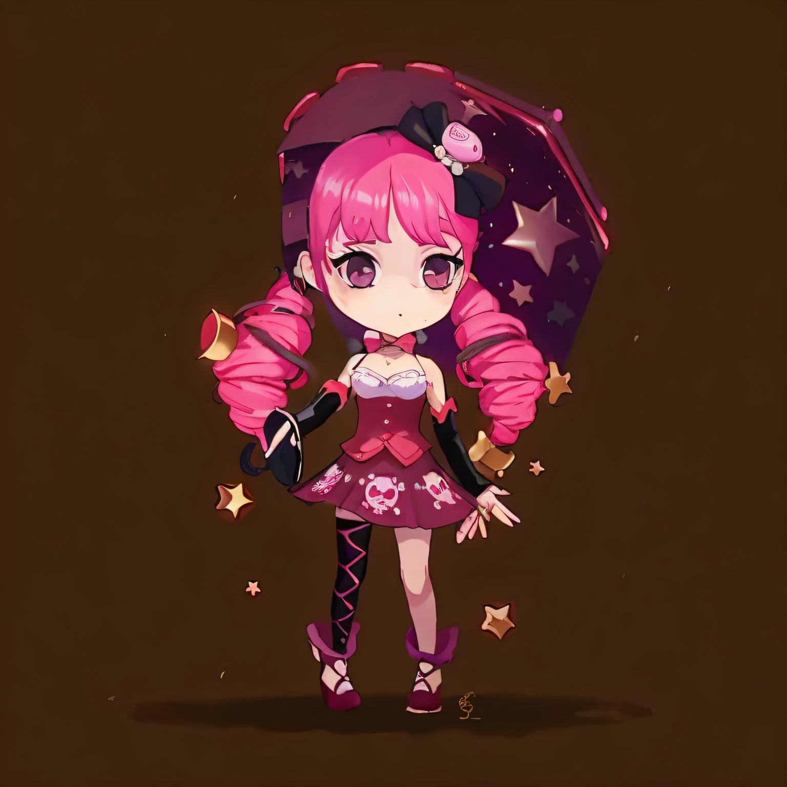 Chica anime con cabello rosa y un paraguas rosa, fancy suit, Piel fucsia debajo de la armadura, Anime estilizado, Personaje lindo, Ropa de bruja astral, Anime estilizado, mantener 100% Original clothing design, mejorar bordes mas detallados, chicas usando guante rosa en su mano izquierda y guante negro en su mano derecha