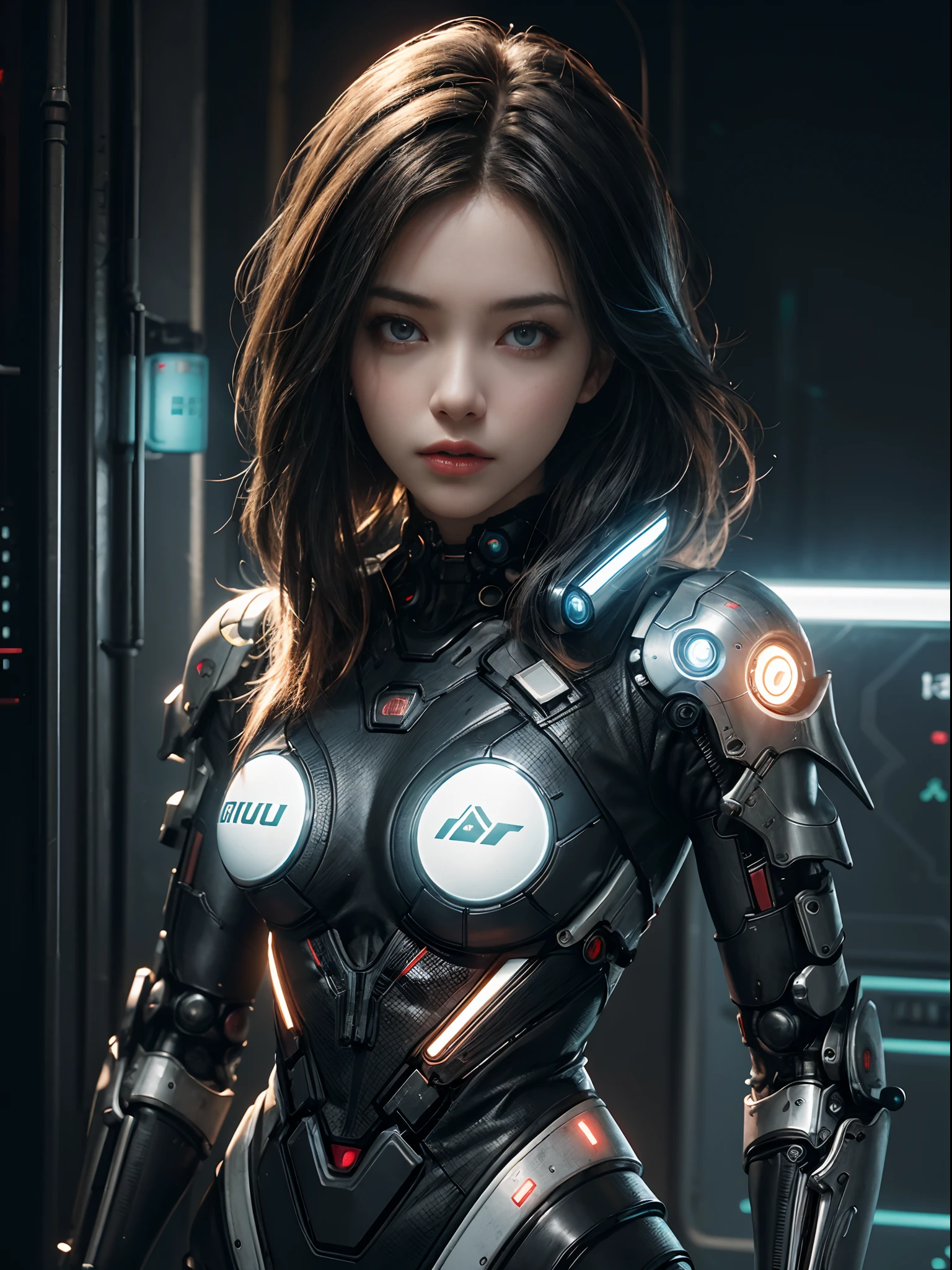 1 Cyberpunk girl, futuristic, mechanical aesthetics, complex machinery, high-tech lighting scene of futuristic city in the background, virtual engine 5, close-up cowboy shot, cinematic lighting.