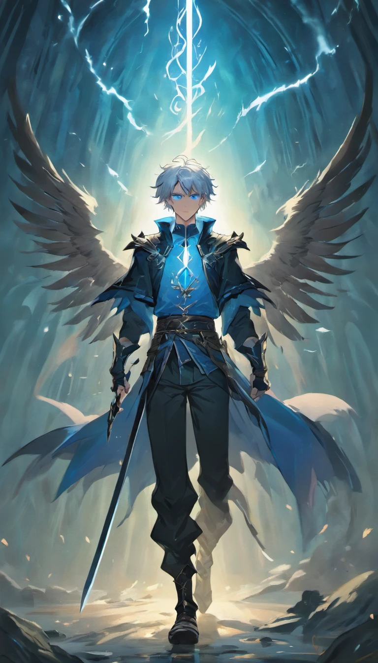 A white-haired young man with piercing blue eyes stands in the foreground, emanating an aura of adventure. His hair flows in the wind, adding to the sense of movement and excitement. His clothing, a combination of rugged leather and intricate details, evokes a sense of mystery and daring.

In his hand, he wields a magnificent magical sword that glows with a soft, ethereal light. The sword is adorned with delicate engravings, symbols of ancient power and hidden knowledge. Its blade shimmers with an otherworldly glow, as if it holds the secrets of the universe.

Behind the young man, a pair of majestic black wings unfurl, spanning wide like a bird of prey. These wings, born from shadows, add an air of mysticism and darkness to the scene. They glisten with a hint of supernatural energy, hinting at the young man's hidden heritage or his connection to the unknown.

The overall image is of the highest quality, with every detail meticulously crafted. The resolution is set to the maximum, allowing for an immersive view of the scene. The level of realism is astonishing, with the textures and materials appearing almost touchable. The lighting is carefully designed to highlight the young man's features and create a sense of depth and atmosphere.

As for the art style, it combines elements of concept art and fantasy illustration. The colors are vibrant and dynamic, with a touch of surrealism to enhance the fantastical nature of the scene. The composition is carefully balanced, drawing the viewer's attention to the young man, his sword, and his wings, while still allowing for a sense of exploration and wonder.

In summary, this prompt captures the essence of a white-haired young man with blue eyes, dressed in adventurous clothing, wielding a magical sword, and sporting black wings. It emphasizes the highest quality imagery with stunning attention to detail and a touch of surrealism. The result is a captivating and immersive image that transports the viewer into a world filled