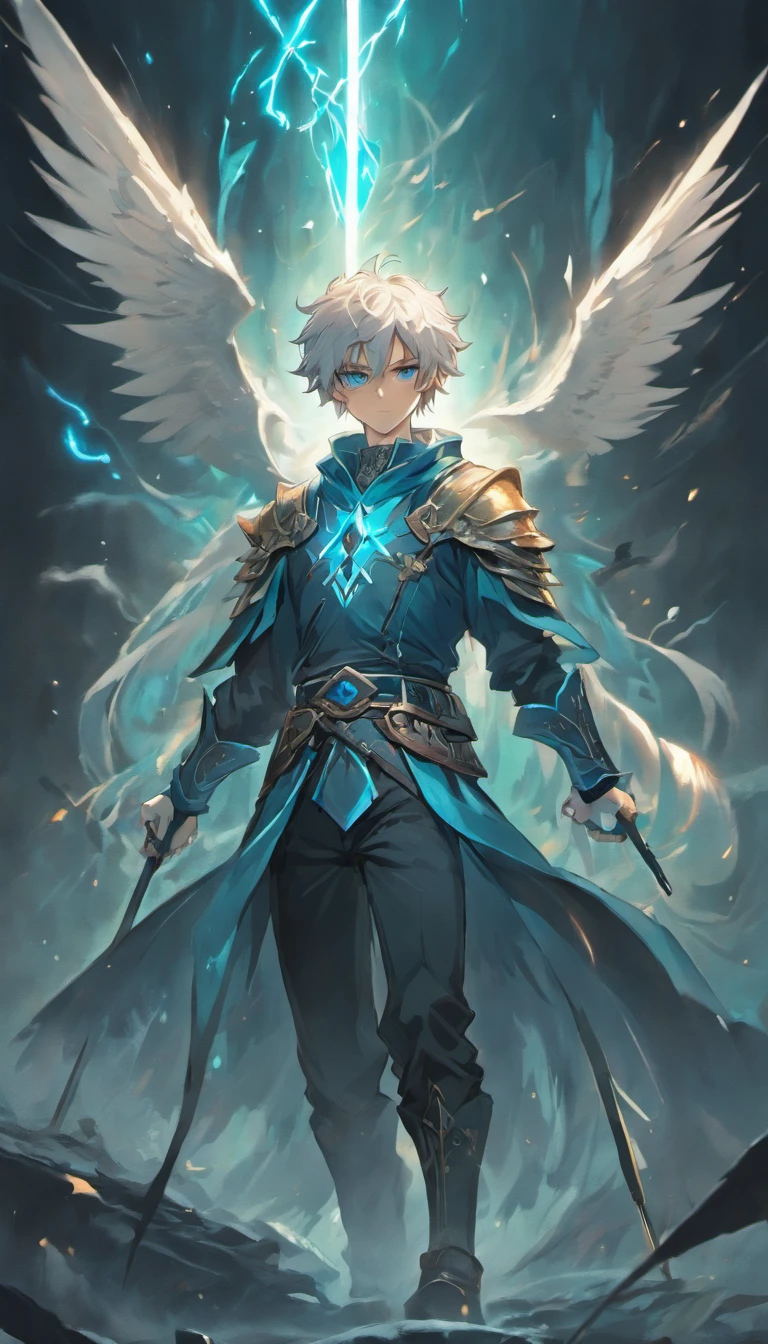 A white-haired young man with piercing blue eyes stands in the foreground, emanating an aura of adventure. His hair flows in the wind, adding to the sense of movement and excitement. His clothing, a combination of rugged leather and intricate details, evokes a sense of mystery and daring.

In his hand, he wields a magnificent magical sword that glows with a soft, ethereal light. The sword is adorned with delicate engravings, symbols of ancient power and hidden knowledge. Its blade shimmers with an otherworldly glow, as if it holds the secrets of the universe.

Behind the young man, a pair of majestic black wings unfurl, spanning wide like a bird of prey. These wings, born from shadows, add an air of mysticism and darkness to the scene. They glisten with a hint of supernatural energy, hinting at the young man's hidden heritage or his connection to the unknown.

The overall image is of the highest quality, with every detail meticulously crafted. The resolution is set to the maximum, allowing for an immersive view of the scene. The level of realism is astonishing, with the textures and materials appearing almost touchable. The lighting is carefully designed to highlight the young man's features and create a sense of depth and atmosphere.

As for the art style, it combines elements of concept art and fantasy illustration. The colors are vibrant and dynamic, with a touch of surrealism to enhance the fantastical nature of the scene. The composition is carefully balanced, drawing the viewer's attention to the young man, his sword, and his wings, while still allowing for a sense of exploration and wonder.

In summary, this prompt captures the essence of a white-haired young man with blue eyes, dressed in adventurous clothing, wielding a magical sword, and sporting black wings. It emphasizes the highest quality imagery with stunning attention to detail and a touch of surrealism. The result is a captivating and immersive image that transports the viewer into a world filled