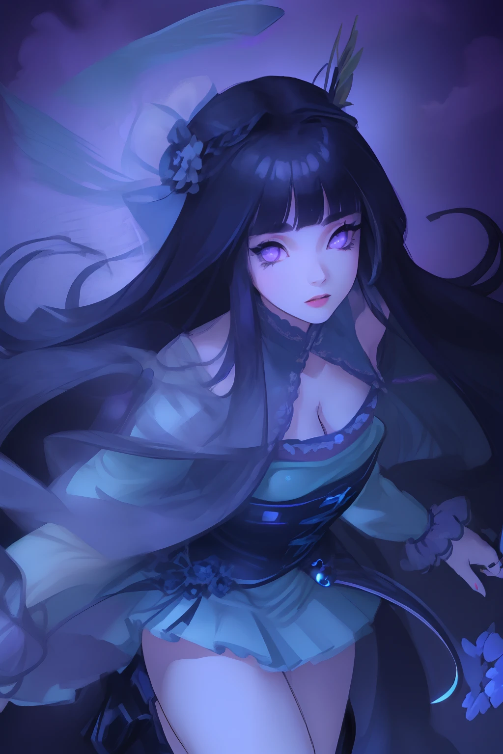 (masterpiece:1.4), (best quality:1.4), (very cute angel girl, ultra-detailed face, jewel-like eye, dark blue very long hair:1.4),  (colorful gradation hair:2.0), (ring of angels:1.4),  (dynamic pose:1.4), (dynamic angle:1.4),
BREAK,
(detailed background:1.4), ultra-detailed background, (purple Light Effects:1.4), (floating light blue cloud:1.4), (floating blue flower:1.4),
BREAK,
(perfect anatomy, perfect hand:1.4), (perfect five fingers:1.4), (perfect four long fingers and perfect short thumb:1.4), (thumb shorter than other four fingers:1.4), (perfect two arms:1.4), (perfect two legs:1.4),Blunt Bangs, purple eyes