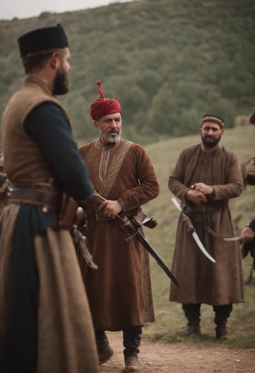 create for me an image of an Ottoman man executing other men with weapons and period clothing within the Ottoman Empire