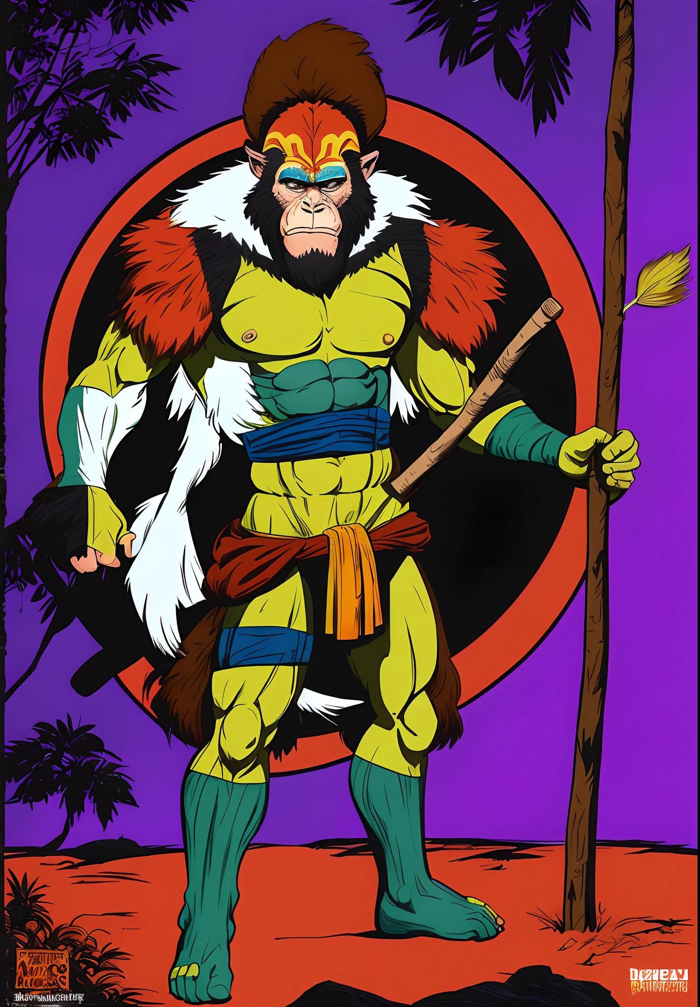 "Painting of an ape man with a stick in his hand, art deco shaman, personagem de quadrinhos, avian warrior, Viagem ao Oeste. Arte Pop, psychedelic shaman, Rei macaco, bruxo - doutor, shaman wizard, inspirado em wukong, um estilo de quadrinhos de fantasia, tom de tela colorido, inspirado em Earle Bergey, comic character, Ape Man Hybrid, sun wukong, son goku"