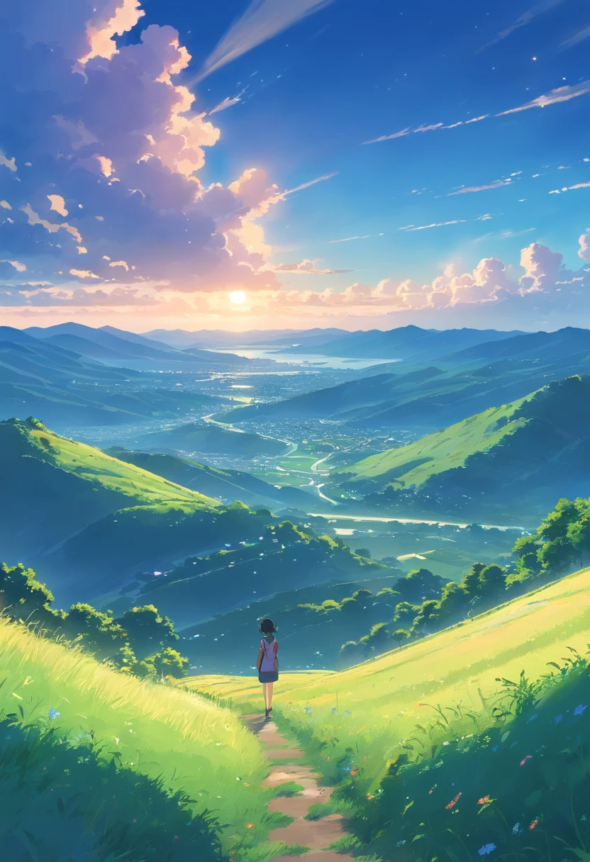 The hillsides are layered,Take up the entire picture,Blue and black color scheme,Pointillism,Illustration style,Moonlit hillside,serenity and calm,Fresh and natural,Large expanses of hillside turf,The hillside stretches from near to far into the sky,Estilo de Makoto Shinkai,scenecy,high qulity,Tall hillside turf