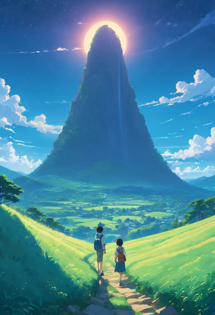 The hillsides are layered，Take up the entire picture，Blue and black color scheme，Pointillism，Illustration style，Moonlit hillside，serenity and calm，Fresh and natural，Large expanses of hillside turf，The hillside stretches from near to far into the sky，Estilo de Makoto Shinkai，scenecy，high qulity，Tall hillside turf