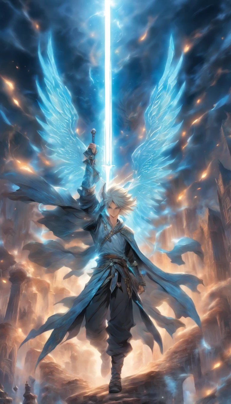 A white-haired young man with piercing blue eyes stands in the foreground, emanating an aura of adventure. His hair flows in the wind, adding to the sense of movement and excitement. His clothing, a combination of rugged leather and intricate details, evokes a sense of mystery and daring.
In his hand, he wields a magnificent magical sword that glows with a soft, ethereal light. The sword is adorned with delicate engravings, symbols of ancient power and hidden knowledge. Its blade shimmers with an otherworldly glow, as if it holds the secrets of the universe.
Behind the young man, a pair of majestic black wings unfurl, spanning wide like a bird of prey. These wings, born from shadows, add an air of mysticism and darkness to the scene. They glisten with a hint of supernatural energy, hinting at the young man's hidden heritage or his connection to the unknown.
The overall image is of the highest quality, with every detail meticulously crafted. The resolution is set to the maximum, allowing for an immersive view of the scene. The level of realism is astonishing, with the textures and materials appearing almost touchable. The lighting is carefully designed to highlight the young man's features and create a sense of depth and atmosphere.
As for the art style, it combines elements of concept art and fantasy illustration. The colors are vibrant and dynamic, with a touch of surrealism to enhance the fantastical nature of the scene. The composition is carefully balanced, drawing the viewer's attention to the young man, his sword, and his wings, while still allowing for a sense of exploration and wonder.
In summary, this prompt captures the essence of a white-haired young man with blue eyes, dressed in adventurous clothing, wielding a magical sword, and sporting black wings. It emphasizes the highest quality imagery with stunning attention to detail and a touch of surrealism. The result is a captivating and immersive image that transports the viewer into a world filled