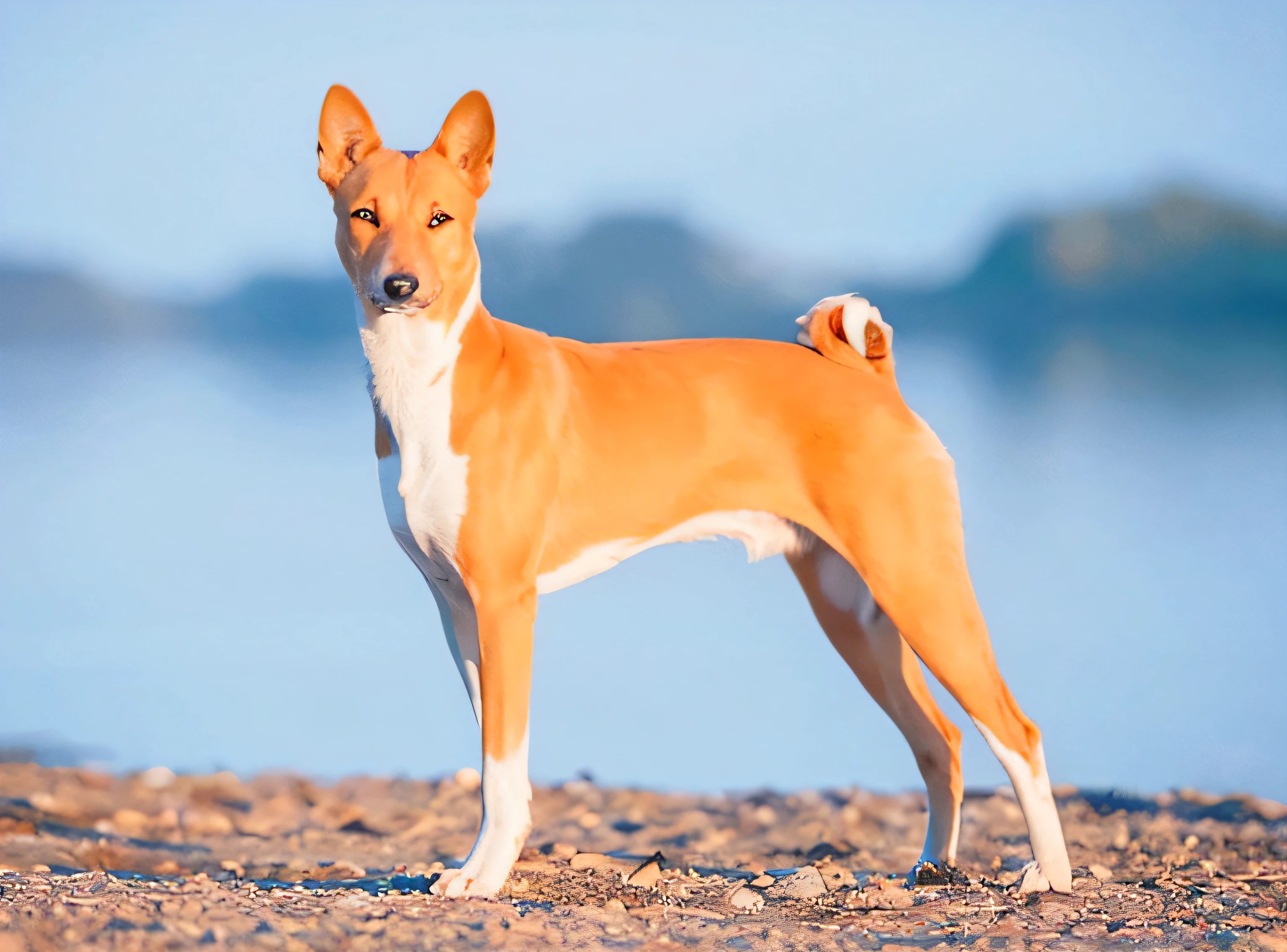 There is a dog standing on the grass overlooking Mountains in the background, charizard dog hybrid animal, um mascote Basenji, stylised fox - like appearance, feroz - olhando, canino, adult dog, Postura agressiva, Regal Pose, cane , um antigo, pose poderosa, japanese dog, half dog, The Basenji is a very old breed, studies of its DNA date the beginning of the breed to prehistory. Rock paintings found in Libya dated to around 6000 A.C. they already featured a dog very similar to Basenji in some hunting scenes. It is believed that at the time of the pharaohs he was worshipped and earned the title of sacred dog. Its origin is considered to be where we now have the well-known Democratic Republic of the Congo, even though very similar subspecies can be found all over the African continent.
The Basenji was used as a hunting dog for birds and antelopes, as a guide in the bush or in the forest and also had the function of guardian of the villages. country of origin: Central Africa.