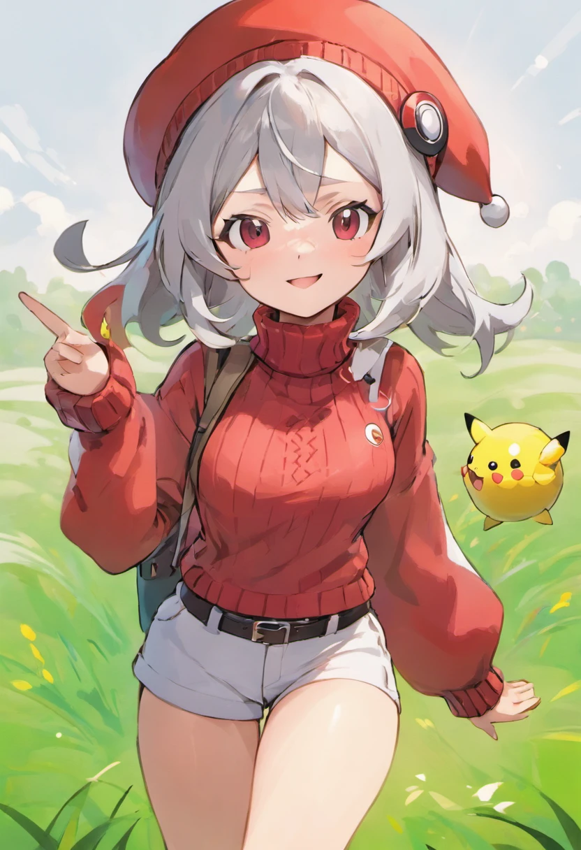 Hi-Res, 1womanl, 独奏,Holding a Poké Ball in Your Hands, grey eyes, white hair, Red glasses,Red Cap Hat, Red knitted turtleneck with long sleeves, White shorts, a belt, Grassy, deph of field, The best smile, Stick out the arm holding the poké ball, put hands on the hip