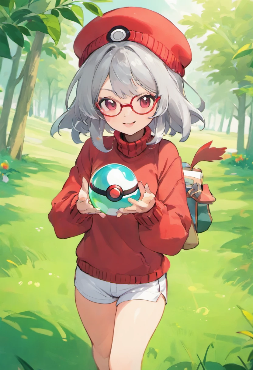 Hi-Res, 1womanl, 独奏,Holding a Poké Ball in Your Hands, grey  eyes, white  hair, Red glasses,Red Cap Hat, Red knitted turtleneck with long sleeves, White shorts, a belt,  Grassy, deph of field, The best smile, Stick out the arm holding the poké ball, put hands on the hip