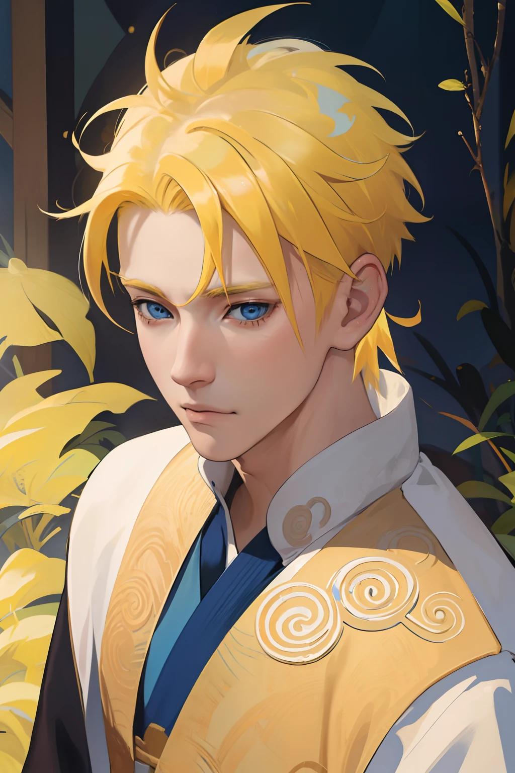 nsfw, masterpiece, best quality, ultra-detailed, semi-realistic, detailed facial features, 1boy, yellow hair, short hair, blue eyes, wearing a detailed and intricate xianxia ancient clothes, Uzumaki Naruto