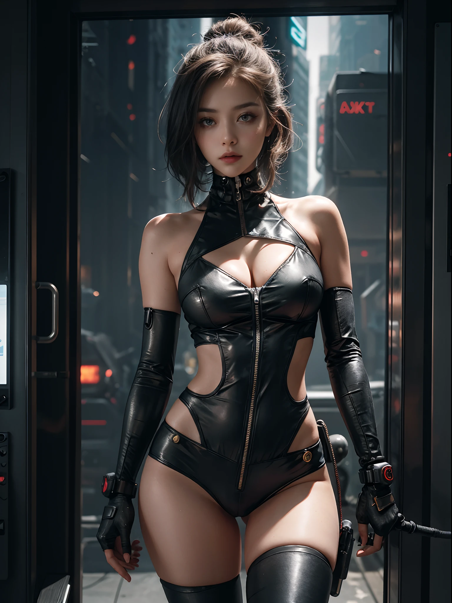 1 Cyberpunk girl, futuristic, mechanical aesthetics, complex machinery, high-tech lighting scene of futuristic city in the background, sexy BDSM outfit, close-up cowboy shot, cinematic lighting.