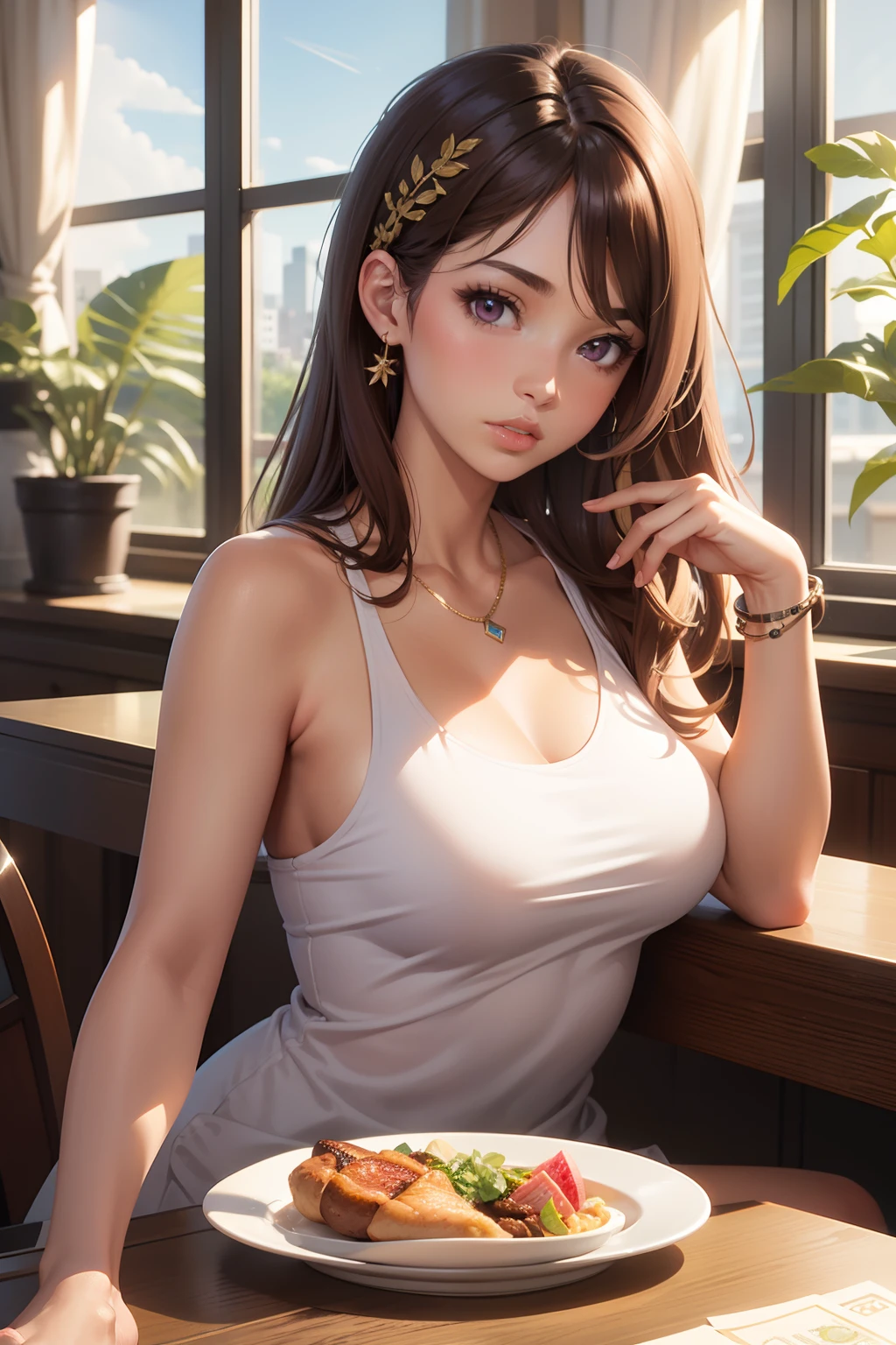 (masterpiece best quality), solo, 1girl, thick lips, pink eyes, brown hair, tan, money tuck, bedroom, window, scoop neck, half up half down hair, hair ornament, large breasts, jewelry, plant, detailed illustration, restaurant, sitting at table
