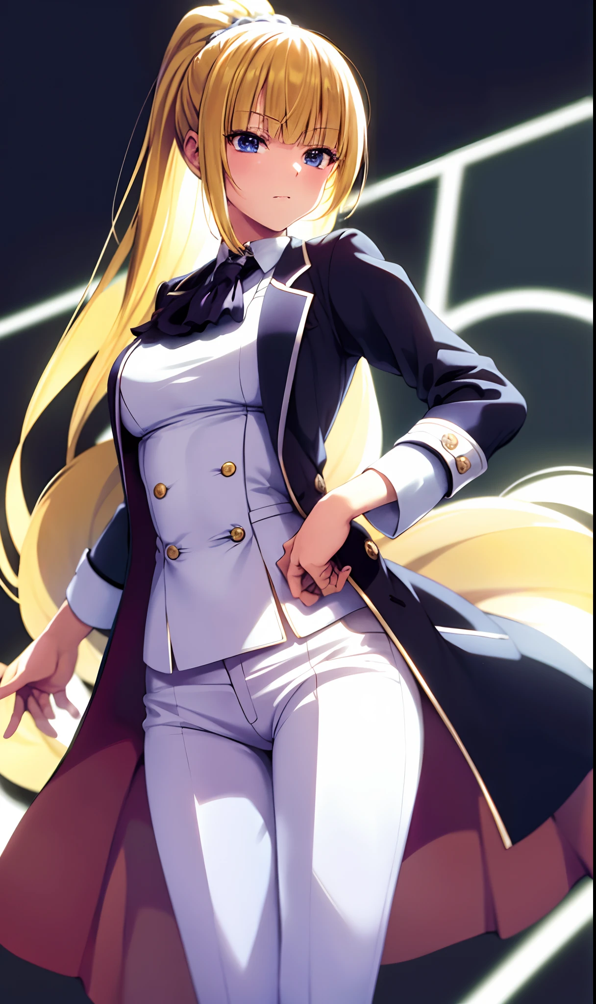 (巨作), (Best Quality), (illustration), (beautiful detailed),1Best Quality Girl,highres,ponytail ,white pants ,long  hair,1girl, Karuizawa , Butler tail coat ,blonde hair, eyes blue,Tail coat,striped,tight pants ,black shirt ,school background , looking at the scenes,Badass Butler, wallpaper