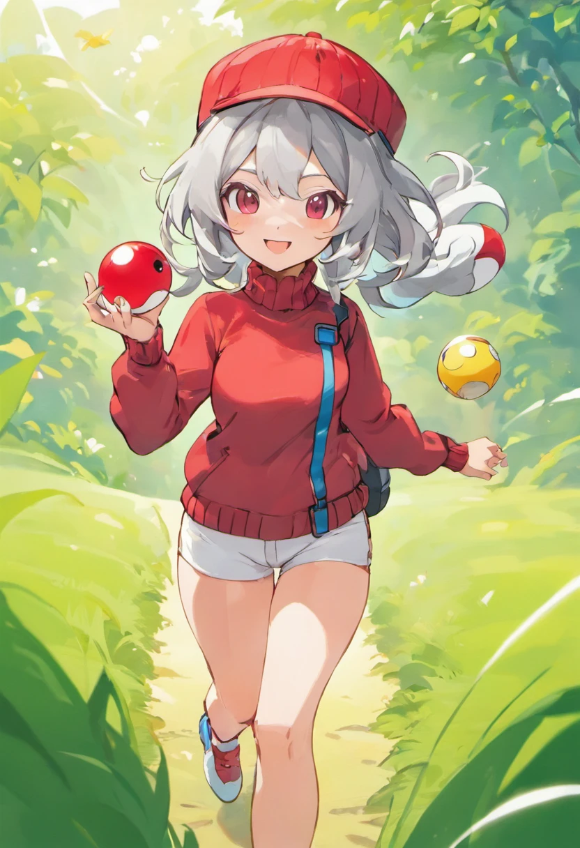 Hi-Res, 1womanl, 独奏,Holding a Poké Ball in Your Hands, grey  eyes, white  hair, Red glasses,Red Baseball Cap, Red knitted turtleneck with long sleeves, White shorts, a belt,  Grassy, deph of field, The best smile, Stick out the arm holding the poké ball, put hands on the hip
