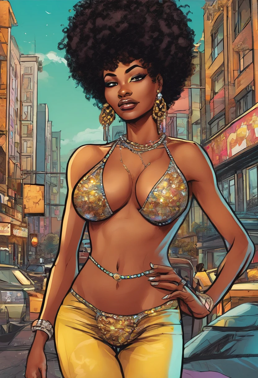 Black prostitute woman afro big breasts skinny on the street naked with diamonds on the body