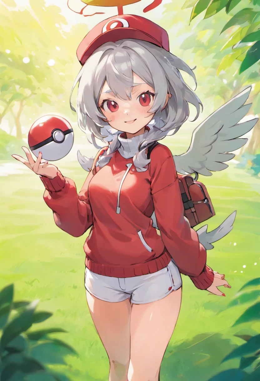Hi-Res, 1womanl, 独奏,Holding a Poké Ball in Your Hands, grey eyes, white hair, Red glasses,Red baseball cap with wings on the left and right sides, Red knitted turtleneck with long sleeves, White shorts, a belt, Grassy, deph of field, The best smile, Stick out the arm holding the poké ball, put hands on the hip