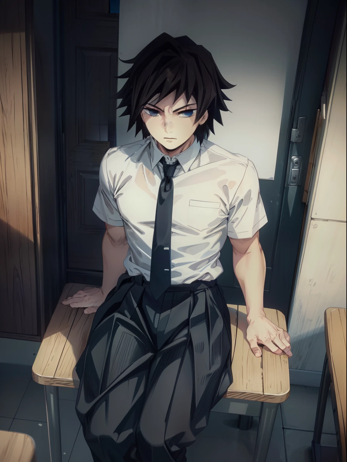 Sitting in a classroom, a lonely boy, wearing a white shirt with a blue tie, black pants