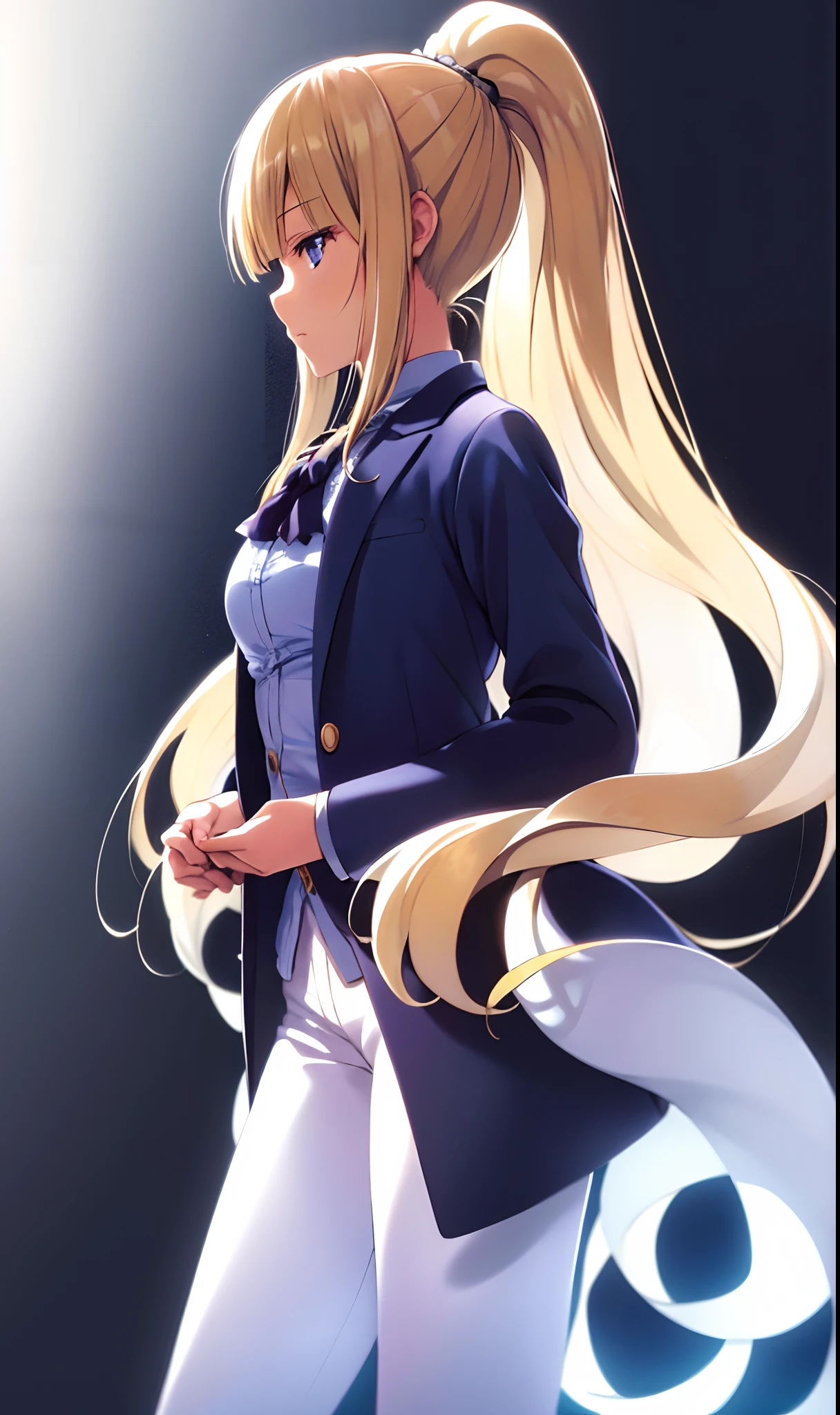 (巨作), (Best Quality), (illustration), (beautiful detailed),1Best Quality Girl,highres,ponytail ,white pants ,long  hair,1girl, Karuizawa , Butler tail coat ,blonde hair, eyes blue,Tail coat,striped,tight pants ,black shirt ,school background , looking at the scenes,Badass Butler, wallpaper