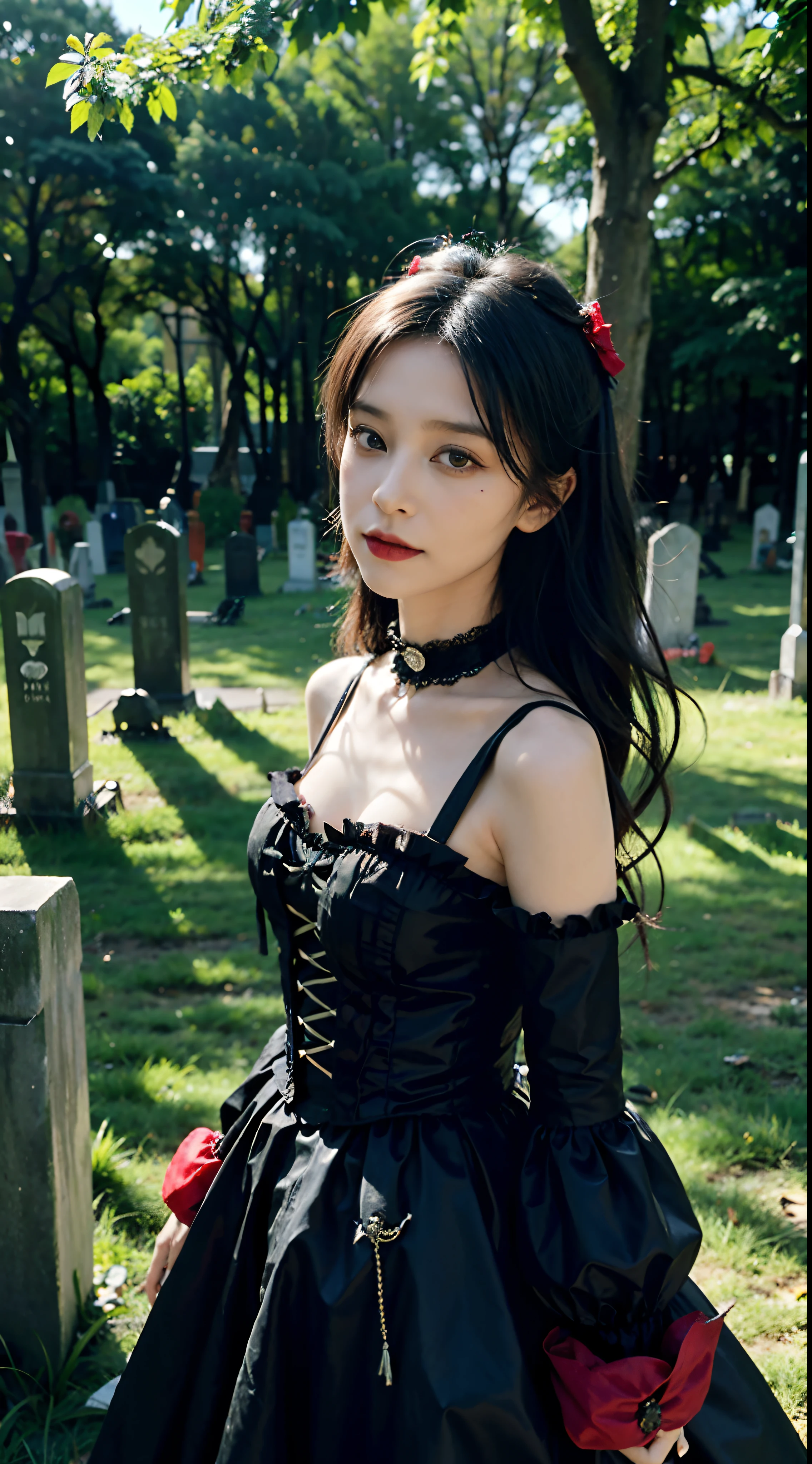 (8k, RAW photo, best quality, mastery:1.2), (realistic, photo-realistic:1.37), (aegyo sal:1), ((extreme closeup shot:1.4)), malicious gal dressed in a red tutu and black top, a portrait inspired by Louis Grell, deviantart, gothic art, wearing modern gothic clothes, red and black costume!!!, victorian gothic lolita fashion, wearing a gothic dress, an elegant gothic princess, gothic clothing, gothic outfit, high quality theatre costume, baroque hibiscus queen, gothic fashion, ornate dark red opulent clothing, natural light, sunlight, photon mapping, radiosity, physically-based rendering , cosplay, grey eyes, ((victorian age cemetery in background:1.4)), water, sexy, looking at viewer, 8k high res, 8k, CG wallpaper, Realistis, crisp background, exaggerated breasts, full body lesbian