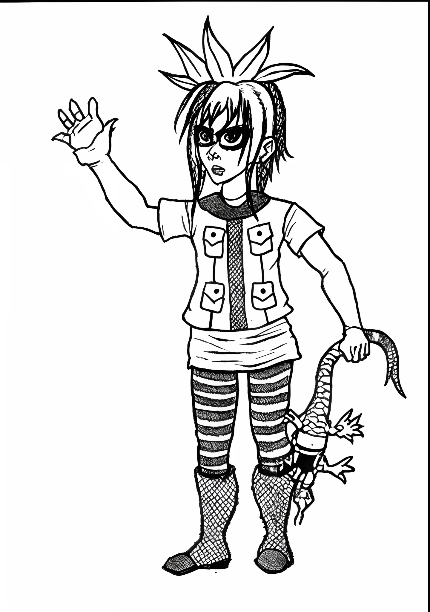 "A drawing of a girl dressed in a striped shirt and pantyhose and boots with a lizard in her hand, vestido com roupas crustpunk, Pessoa lagarto, menacing pose, garota gotica, como um caractere dnd, design de personagens humanoide, retrato de corpo inteiro de uma garota pequena!, conceito de personagem irrealista, como um d & Personagem D, Humanoid, mulher punk, garota adolescente, por Tite Kubo"