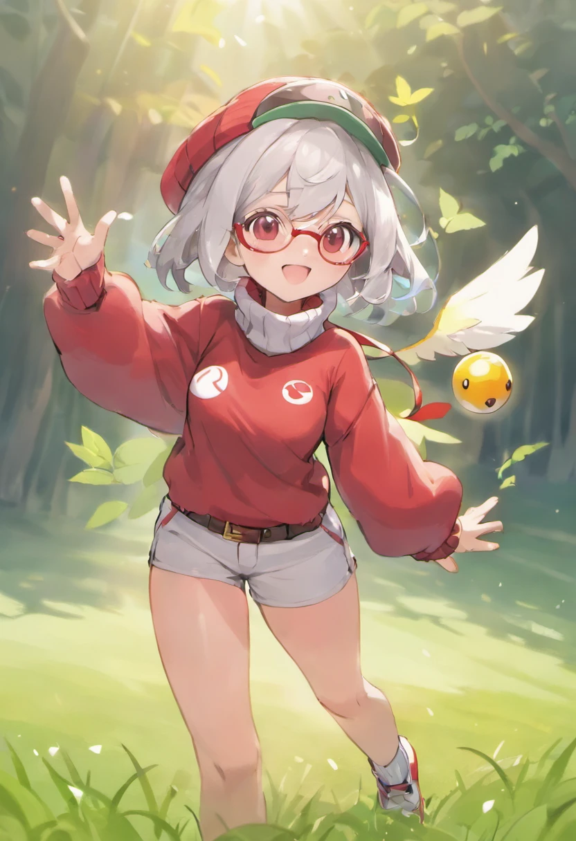 Hi-Res, 1womanl, 独奏,Holding a Poké Ball in Your Hands, grey eyes, white hair, Red glasses,Red baseball cap with small wings on left and right, Red knitted turtleneck with long sleeves, White shorts, a belt, Grassy, deph of field, The best smile, Stick out the arm holding the poké ball, put hands on the hip