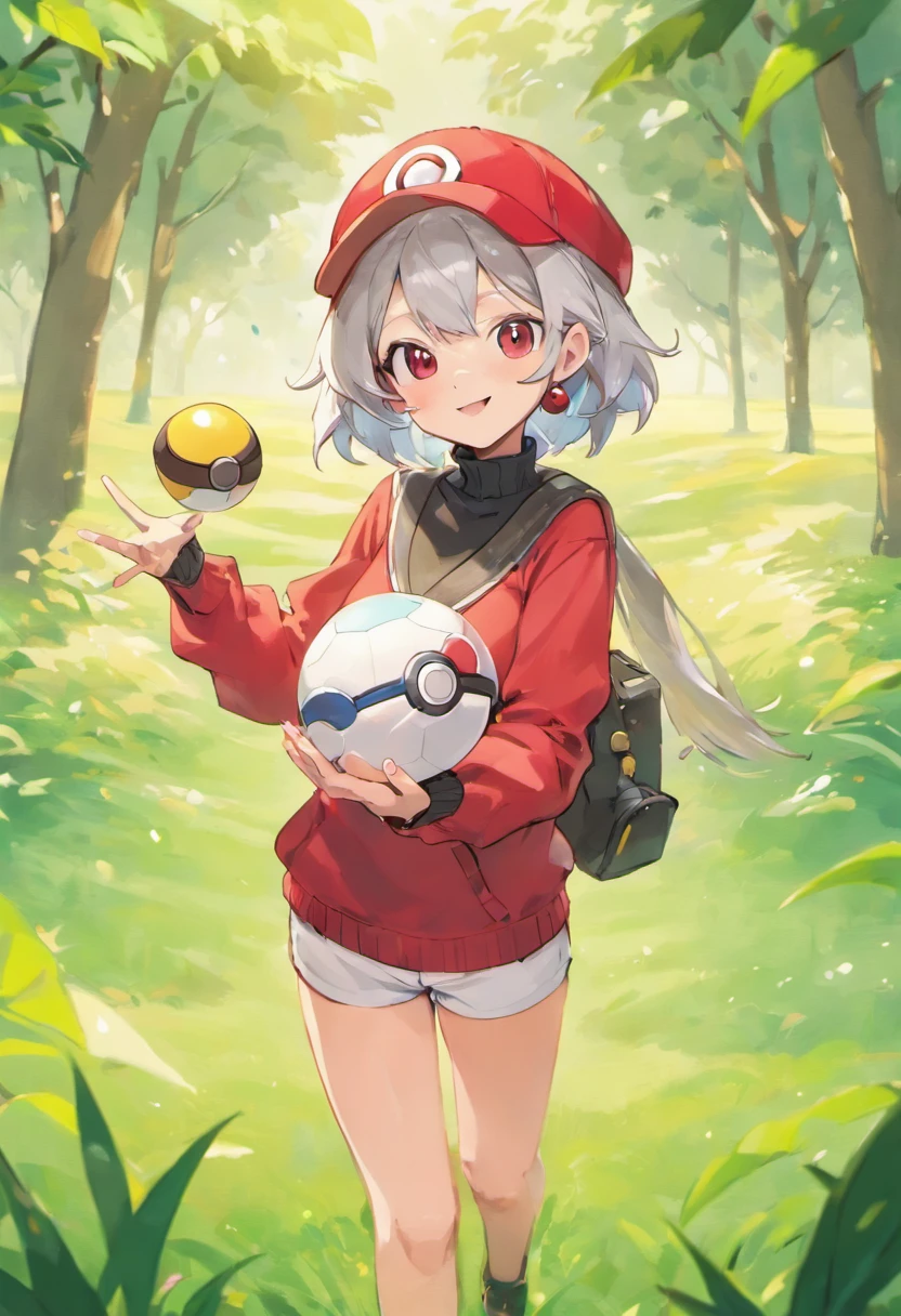 Hi-Res, 1womanl, 独奏,Holding a Poké Ball in Your Hands, grey eyes, white hair, Red glasses,Red baseball cap with small wings on left and right, Red knitted turtleneck with long sleeves, White shorts, a belt, Grassy, deph of field, The best smile, Stick out the arm holding the poké ball, put hands on the hip