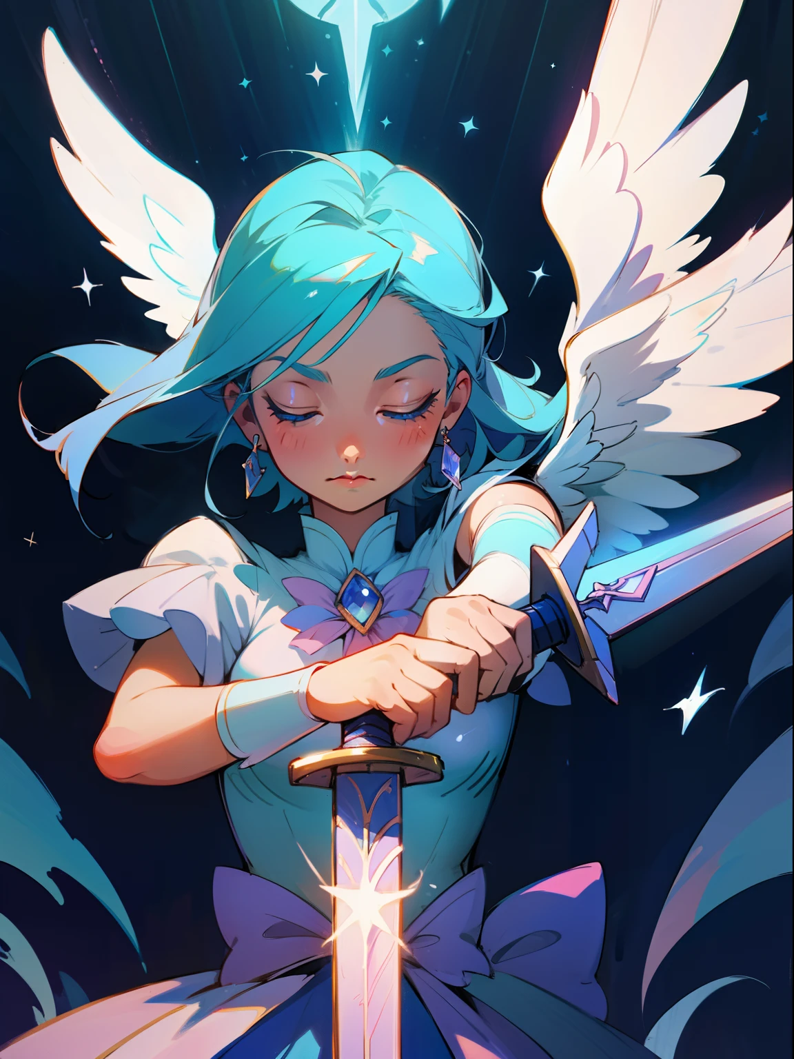 angel magical girl in the sky holding a magic sword over her head