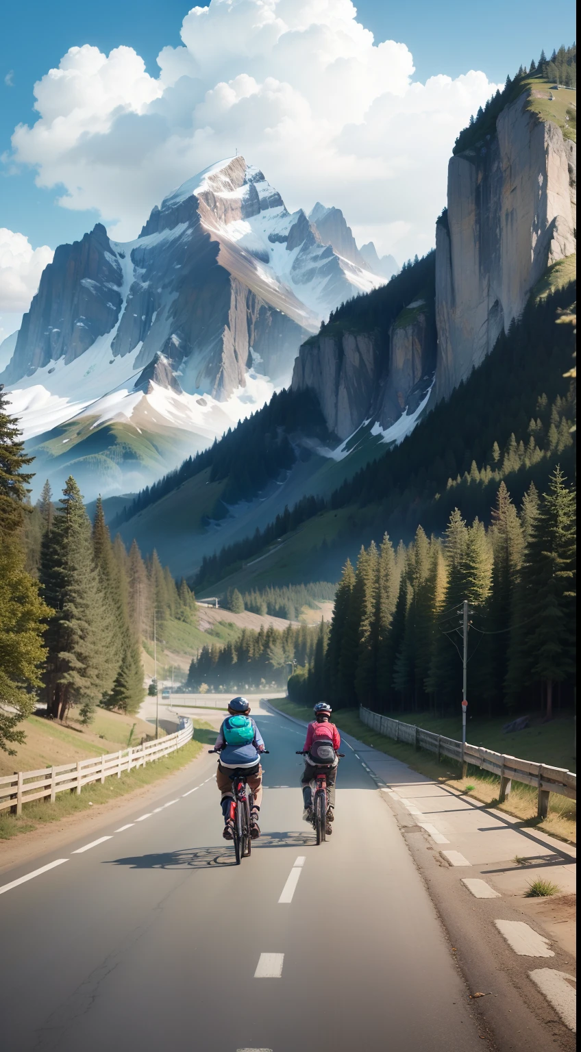 a realistic photo of a road with nature mountains on a happy day with people on electric bikes and animals