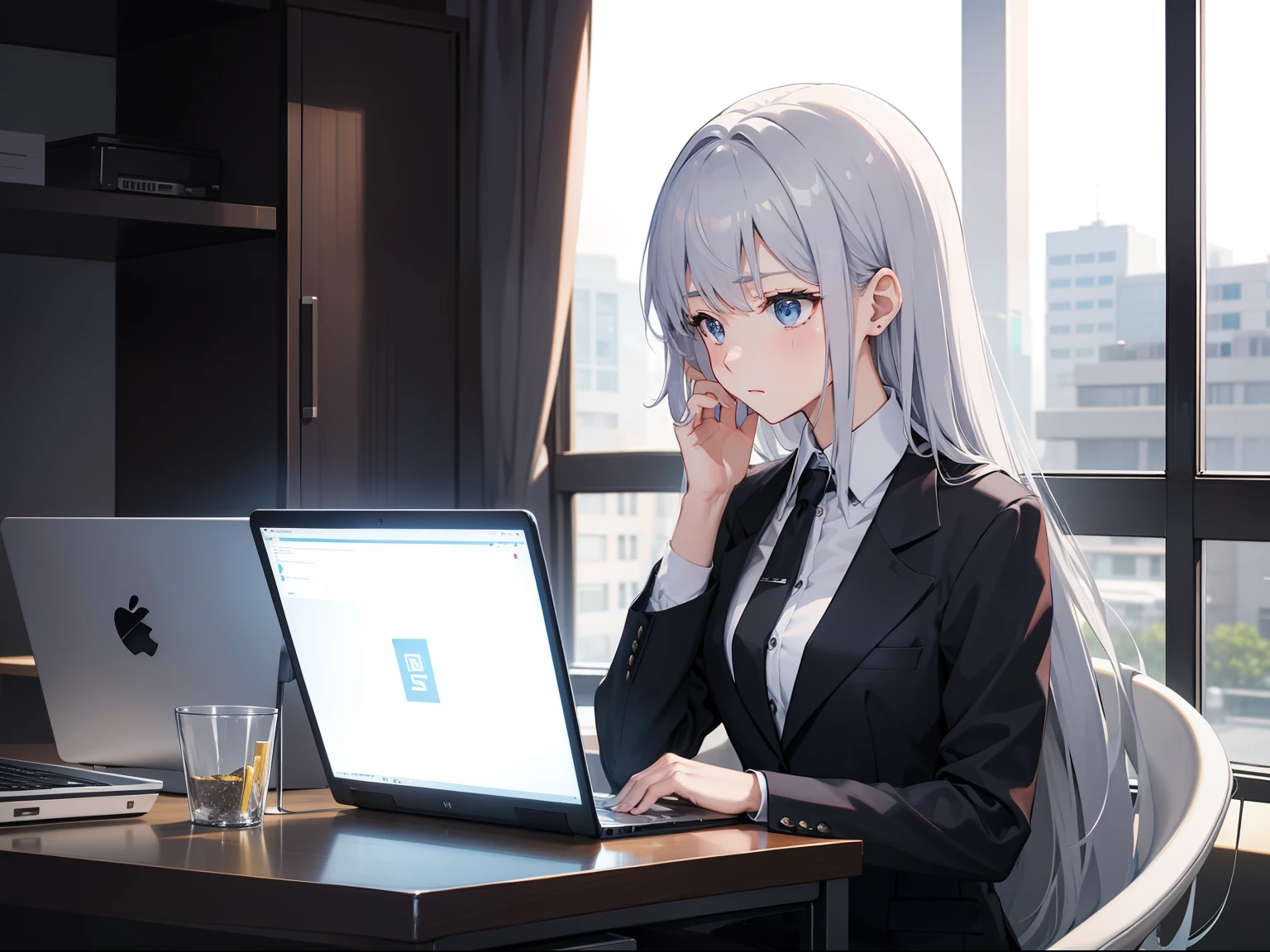 s Office、Woman using laptop、silber hair、Semi-long black business suit、White shirt、Troubled face