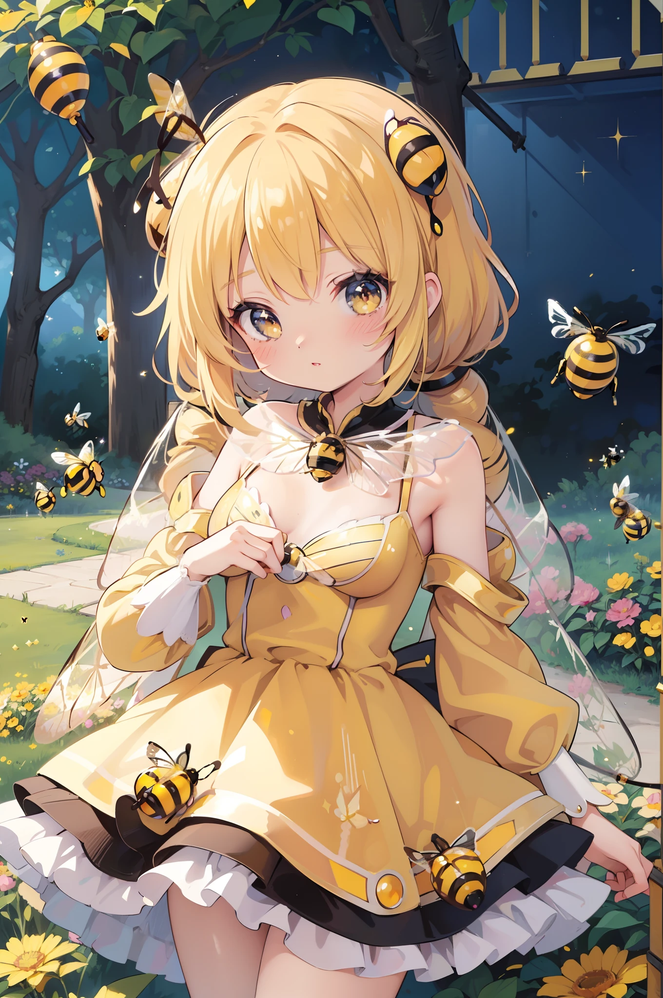 masterpiece, best quality, ultra detailed, beautiful shading, cinematic ligthing, medium breasts, vintage anime magical girl, sparkly, bee girl, wand, (bee:1.5), bee suit, yellow with black stripes, bee hive, honeypastel pink sleeves, yellow details,