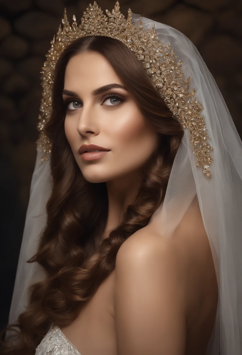 linda esbelta jovem de cabelos compridos com franja mulher loira em armadura de fantasia branca esfarrapada com peito exposto, interior do castelo, UHD, Rio Fantasia, micro detalhes, luz suave, fotorrealista, proporcional, hiper detalhes, medium brown hair
