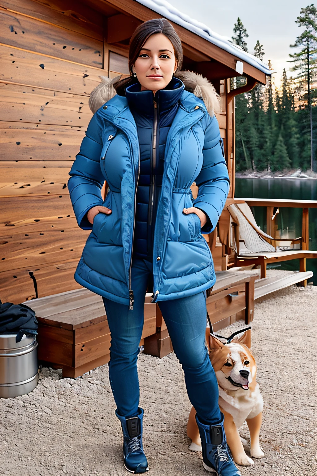 Make a woman with big breast, Blue long winterjacket , with open zipper, with face, body, Lakeside house, travel bag, dog,Nude