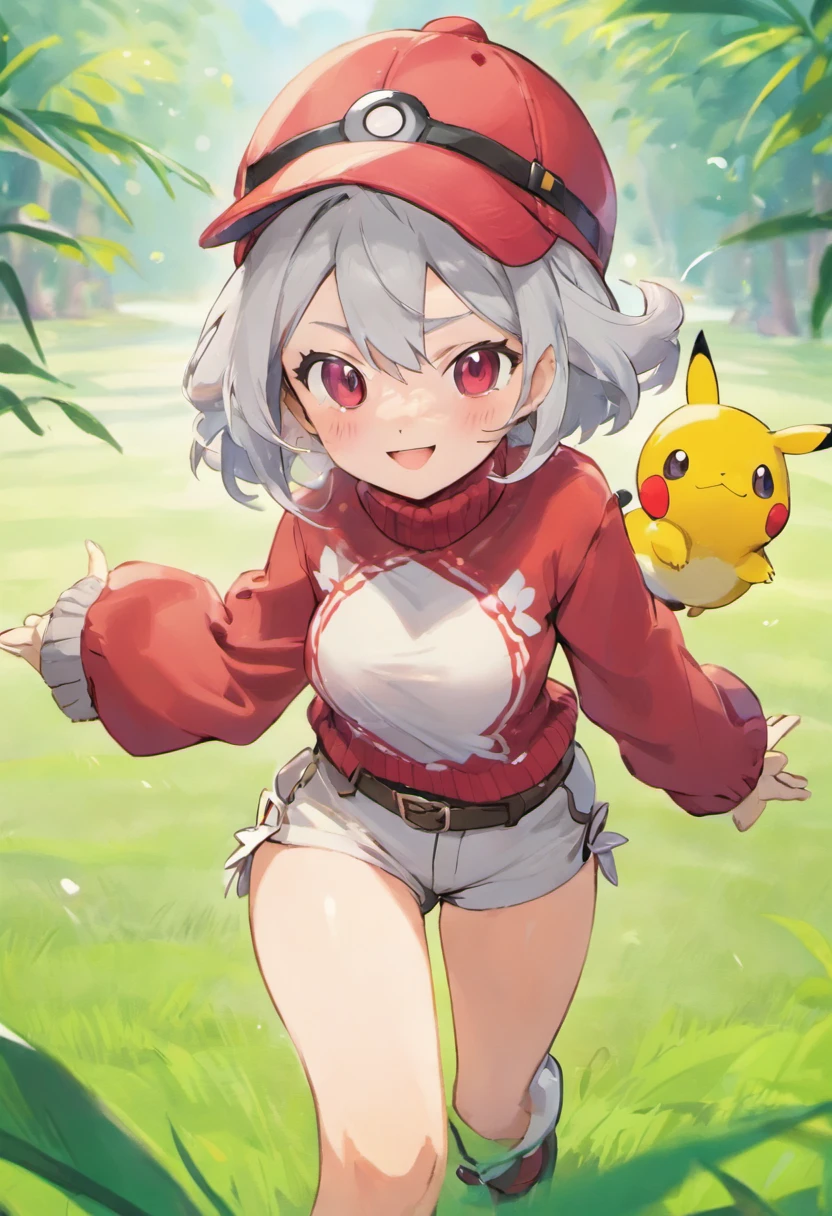 Hi-Res, 1womanl, 独奏,Holding a Poké Ball in Your Hands, grey eyes, white hair, Red glasses,Red baseball cap with small feathers on ears, Red knitted turtleneck with long sleeves, White shorts, a belt, Grassy, deph of field, The best smile, Stick out the arm holding the poké ball, put hands on the hip
