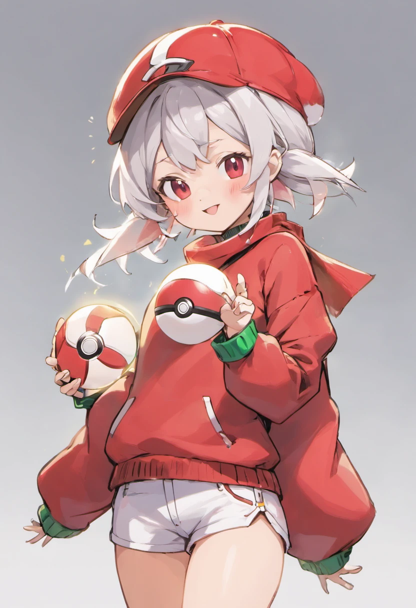 Hi-Res, 1womanl, 独奏,Holding a Poké Ball in Your Hands, grey eyes, white hair, Red glasses,Red baseball cap with small feathers on ears, Red knitted turtleneck with long sleeves, White shorts, a belt, Grassy, deph of field, The best smile, Stick out the arm holding the poké ball, put hands on the hip