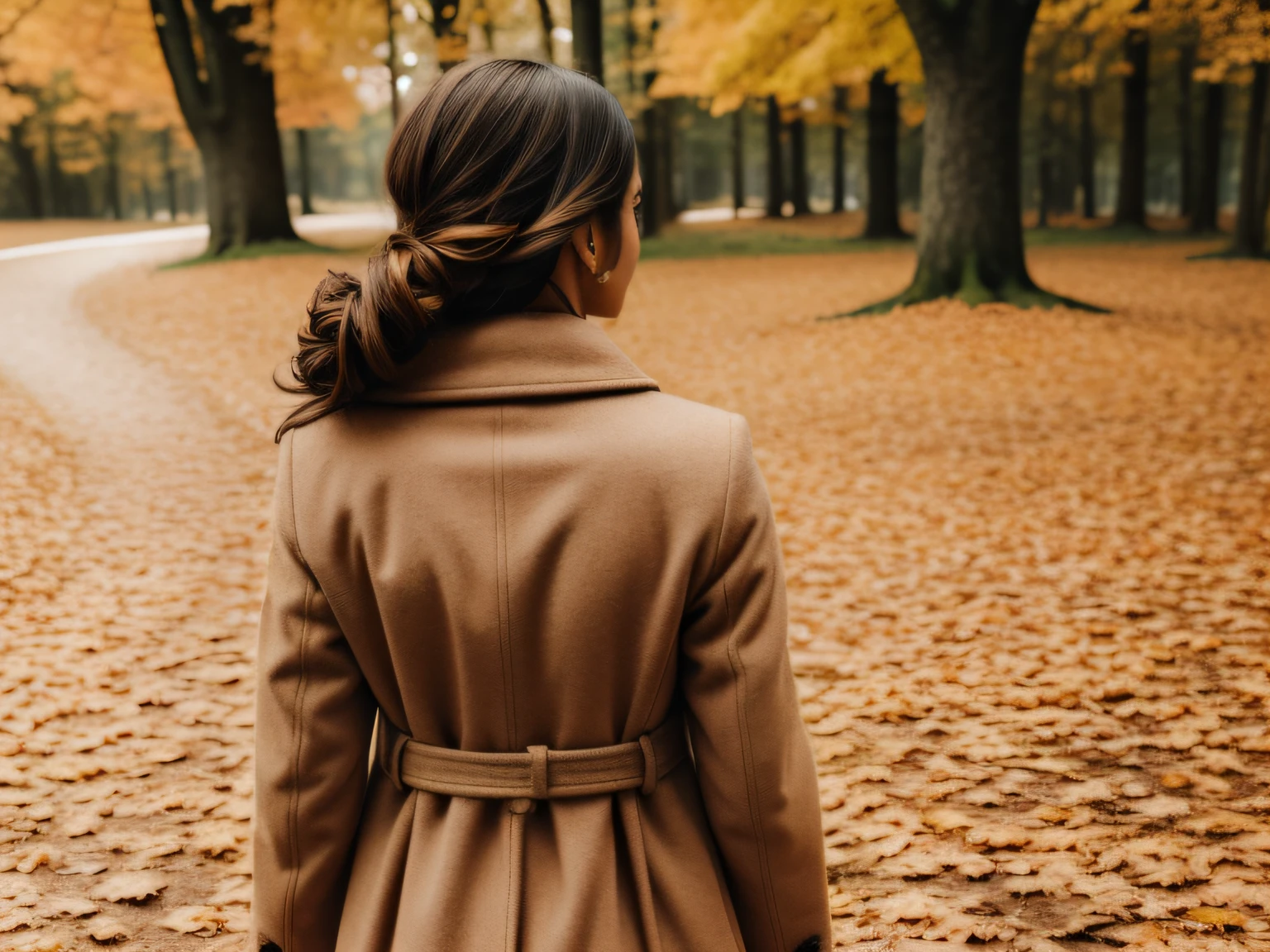 a girl with her back turned wearing a coat representing the autumn season in the background, with copy space on the side, (best quality, 4k, highres, photo-realistic), detailed coat texture, vibrant fall colors, soft natural lighting, leaves falling, serene atmosphere, fashion photography, autumn vibes