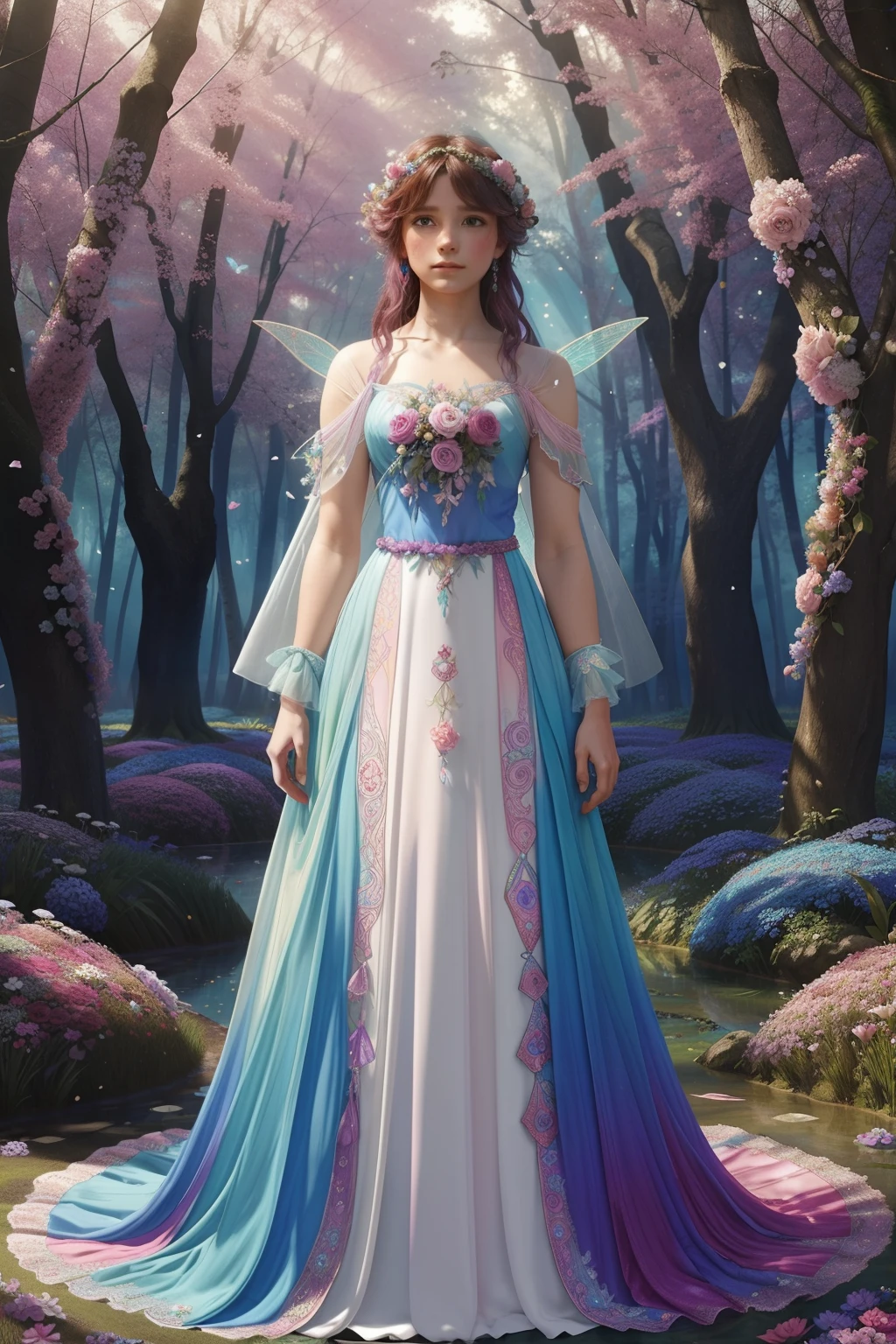 Render as a surreal magical fairy forest, con setas y cristales de colores rosa y azul, setas y rosas blancas, entre los que se pueden ver alfombras coloridas y colores suaves, con el fondo soplando en el viento al estilo de Moebius y Alphonse Mucha