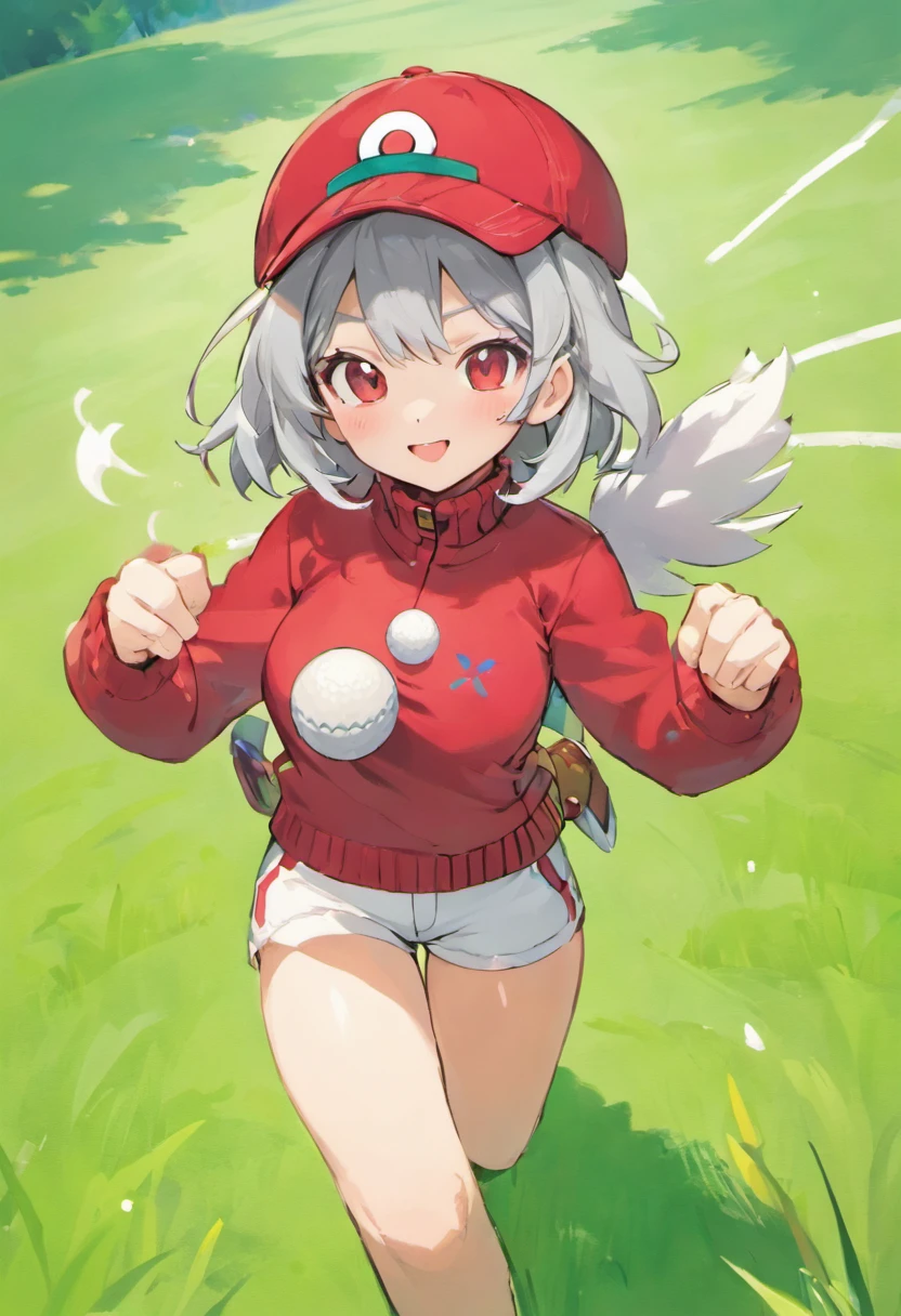 Hi-Res, 1womanl, 独奏,Holding a Poké Ball in Your Hands, grey  eyes, white  hair, Red glasses,Red baseball cap with small feathers, Red knitted turtleneck with long sleeves, White shorts, a belt,  Grassy, deph of field, The best smile, Stick out the arm holding the poké ball, put hands on the hip