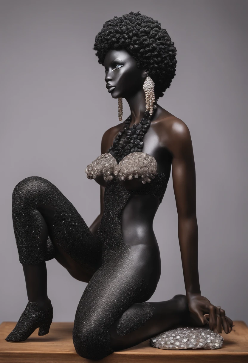 Black prostitute woman afro big breasts skinny on the street naked with diamonds on the body