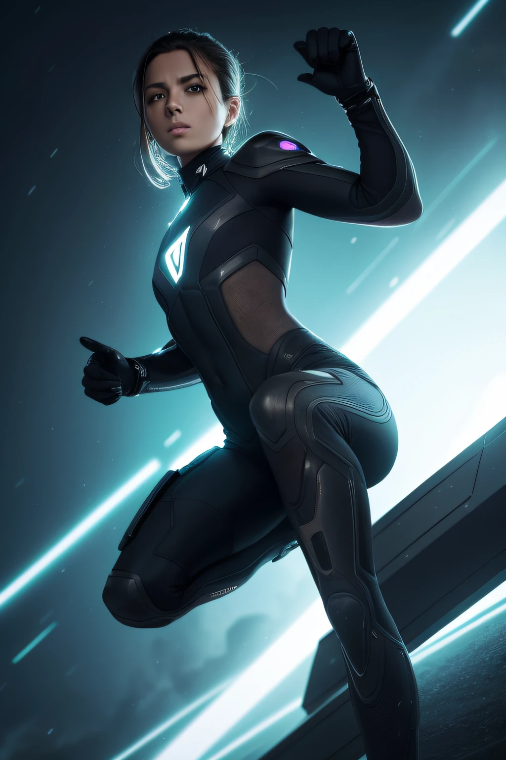 A dark green alien being, con una cabeza alargada y ojos negros y brillantes. Su cuerpo es delgado y flexible, con una cola larga y espinosa que le ayuda a mantener el equilibrio. Their limbs are strong and agile, con cuatro dedos en cada mano y pie, terminados en garras afiladas. His feet have an elastic membrane between his toes that allows him to jump great distances and cushion impacts.. Sus manos tienen una ventosa en la palma que le permite adherirse a las superficies y escalar con facilidad. Su piel es escamosa y resistente, with some bony protrusions that serve as protection. Su aspecto es feroz e inteligente, y se mueve con rapidez y gracia.
Your skin has a pattern of lighter and darker spots that help it camouflage itself in its surroundings.. Your skin also has a layer of mucus that protects you from bacteria and parasites., y le permite regular su temperatura corporal. Su piel es sensible al tacto y al calor, and can change color depending on your mood.
Su traje es una armadura ligera y ajustada que cubre su torso, sus brazos y sus piernas. His suit is made of a synthetic material that adapts to his shape and movements., y que tiene propiedades aislantes y reflectantes. Su traje tiene varios bolsillos y compartimentos donde guarda sus herramientas y armas. His suit also has an integrated communication system that allows him to contact his allies or enemies..
Hyper realistic 8K cinematography.