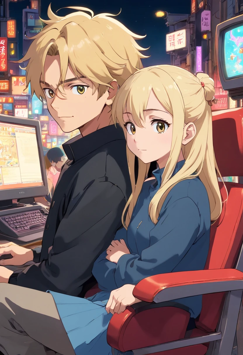 couple.Guy and girl. A guy about 25 years old in a black jacket, earring in the ear, blonde hair falls on the forehead. A girl with long dark hair sitting on a guy's lap. The girl is about 18 years old. Sitting on the same chair. in front of a computer. Neon colors in anime style