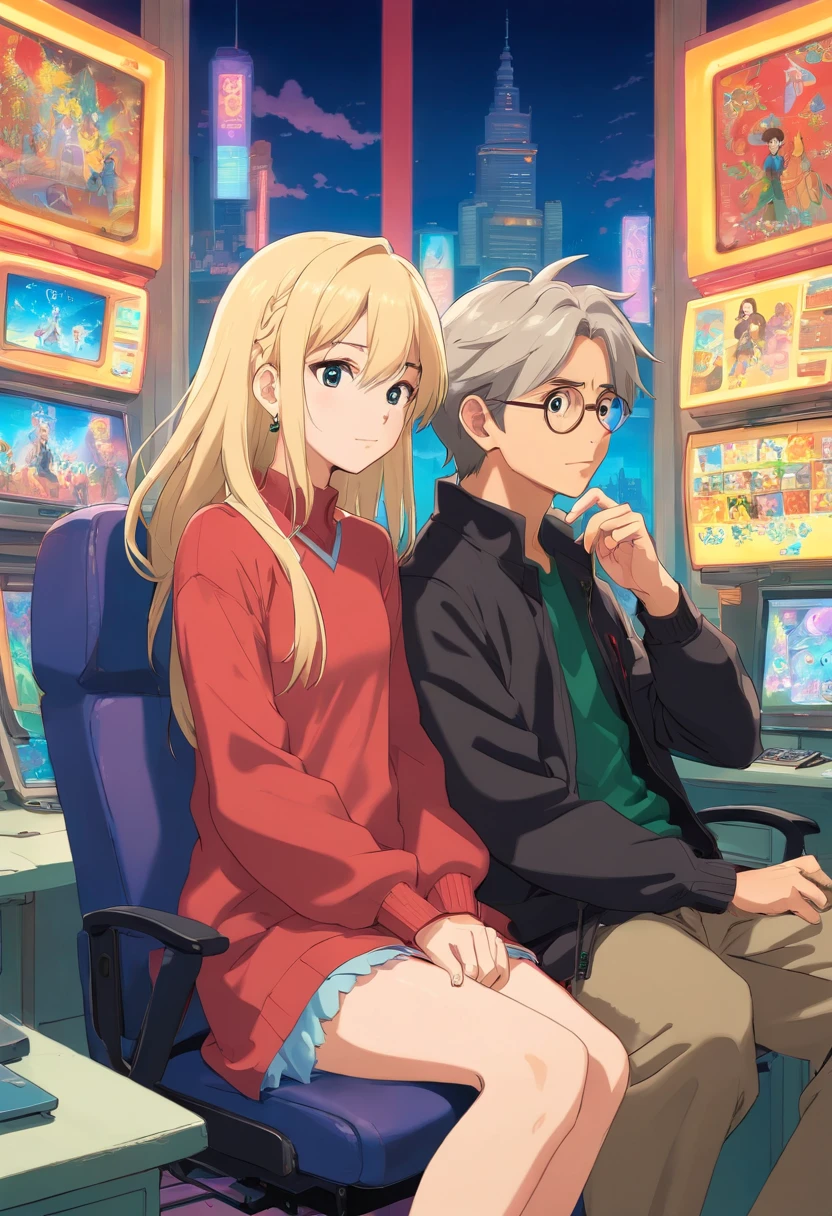 couple.Guy and girl. A guy about 25 years old in a black jacket, earring in the ear, blonde hair falls on the forehead. A girl with long dark hair sitting on a guy's lap. The girl is about 18 years old. Sitting on the same chair. in front of a computer. Neon colors in anime style