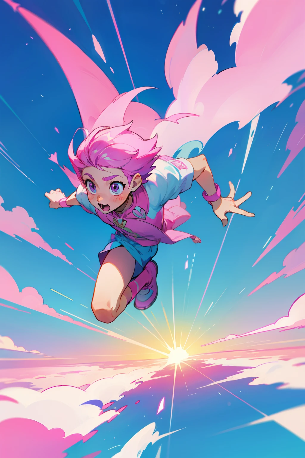 magical boy running in the sky, pink aesthetic