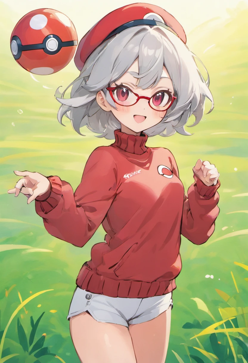 Hi-Res, 1womanl,Pose with one arm thrust forward, 独奏,Holding a Poké Ball in Your Hands, grey  eyes, white  hair, Red glasses,red baseball cap, Red knitted turtleneck with long sleeves, White shorts, a belt,  Grassy, deph of field, The best smile, Stick out the arm holding the poké ball, put hands on the hip