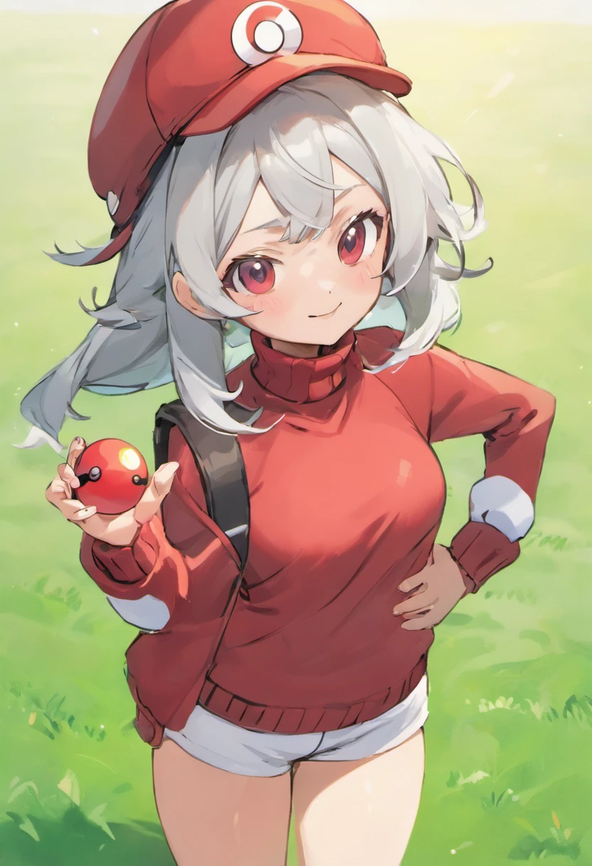 Hi-Res, 1womanl,Pose with one arm thrust forward, 独奏,Holding a Poké Ball in Your Hands, grey  eyes, white  hair, Red glasses,red baseball cap, Red knitted turtleneck with long sleeves, White shorts, a belt,  Grassy, deph of field, The best smile, Stick out the arm holding the poké ball, put hands on the hip