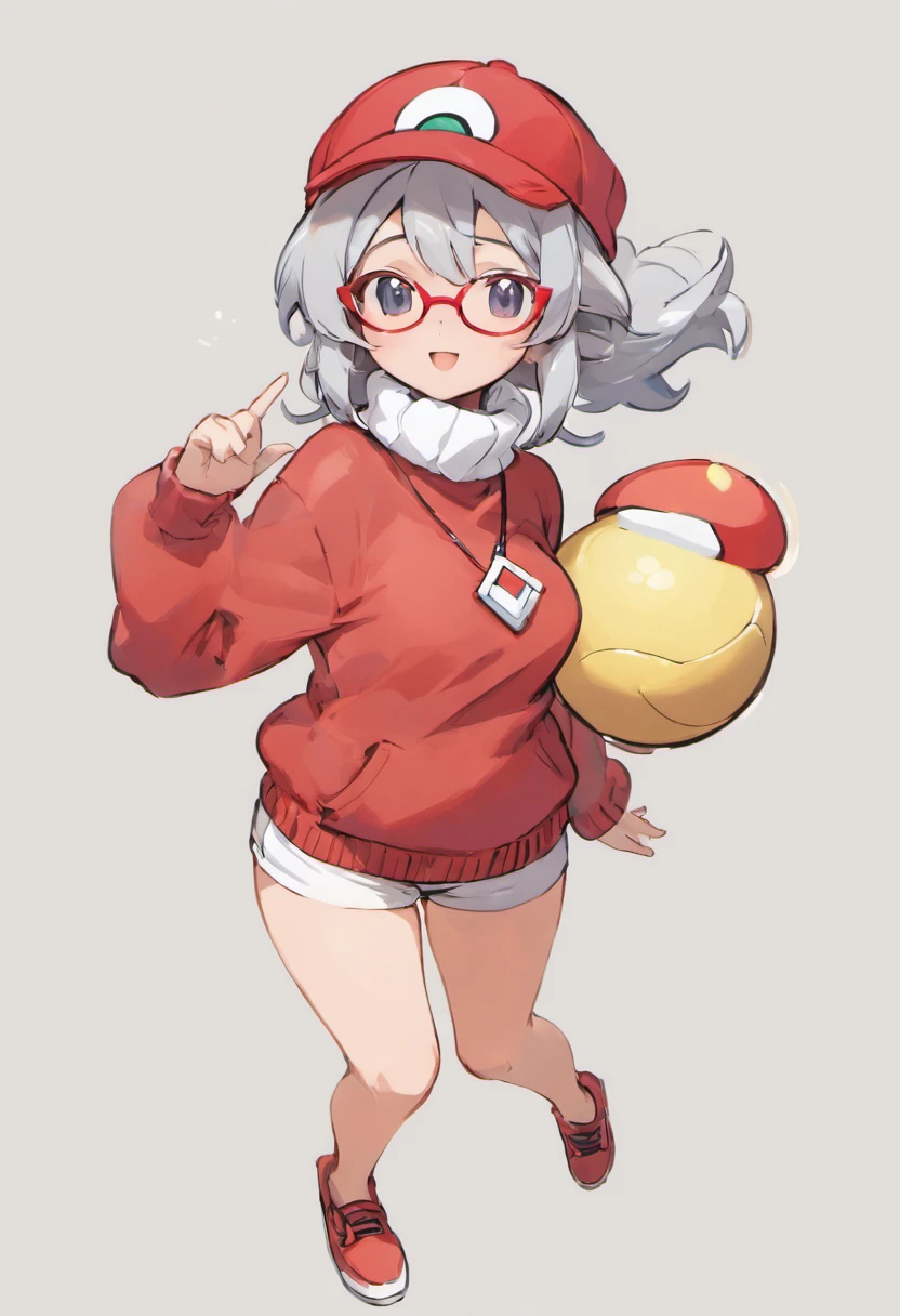 Hi-Res, 1womanl,Pose with one arm thrust forward, 独奏,Holding a Poké Ball in Your Hands, grey  eyes, white  hair, Red glasses,red baseball cap, Red knitted turtleneck with long sleeves, White shorts, a belt,  Grassy, deph of field, The best smile, Stick out the arm holding the poké ball, put hands on the hip