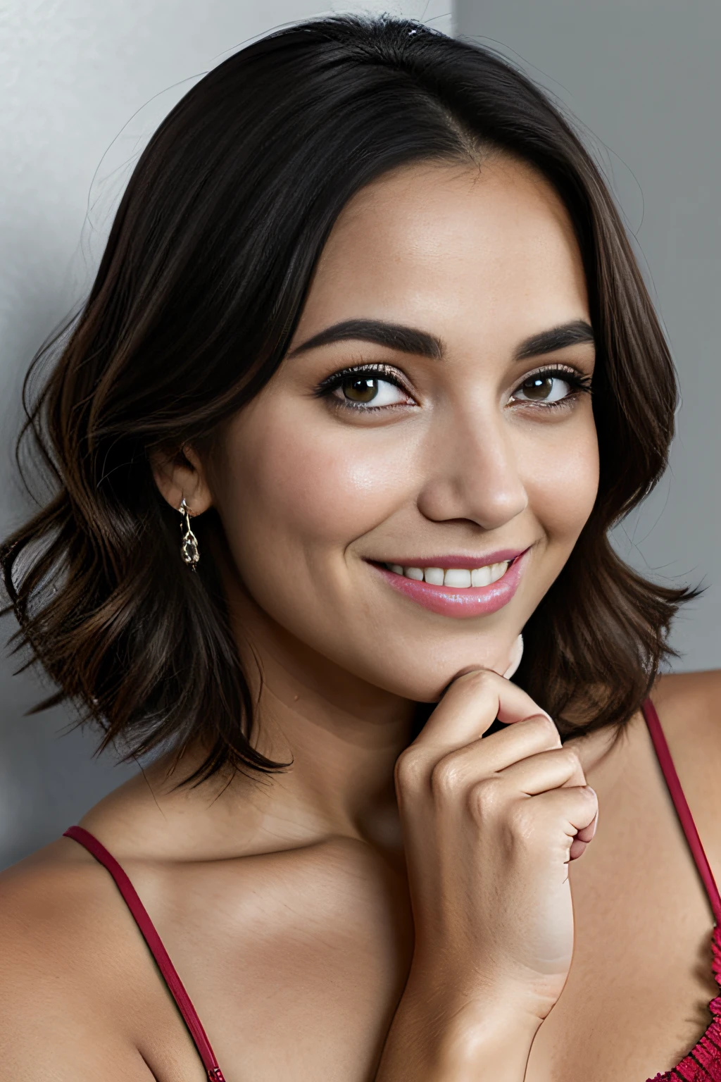 Foto de uma mulher americana madura,MILF,beautiful face, Hand on mouth, upper direction, cabelos loiros cacheados, Rugas, velho, with hands on lips, hands lifting their lips up, hands on lips towards nose, colar, Crowded paper room, Closeup, Cores Neutras, barren land, boca aberta, sorrindo, sorriso largo