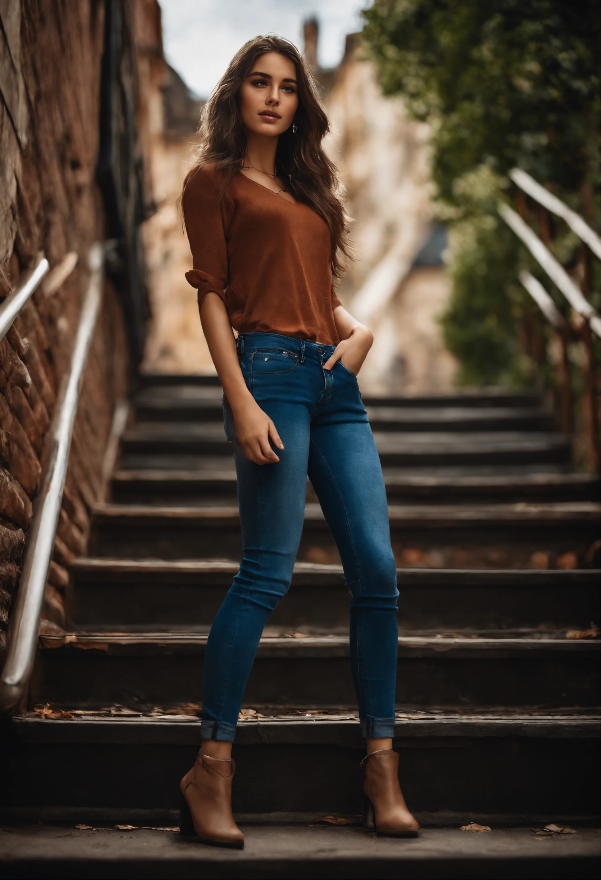 brunette, 1girl, cute, stairs, jeans, young, skinny, (3N1DS1NCL41R:0.9), realistic photo, extreme detail, street photo, {best quality}, {{masterpiece}}, {highres}