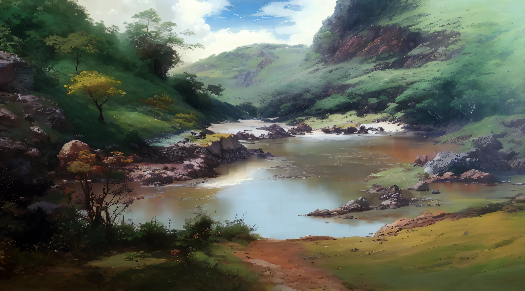 pintura de um rio com uma montanha ao fundo, oil digital painting, 8k resolution digital painting, 8k resolution digital painting, inspirado em Thomas Moran, smooth oil painting, em pintura digital impressionante, Pintura digital 4K, Pintura digital 4k, pintura digital bonita, pintura digital 4k, pintura digital impressionante, beautiful oil matte painting, Pintura Digital de Alto Detalhe